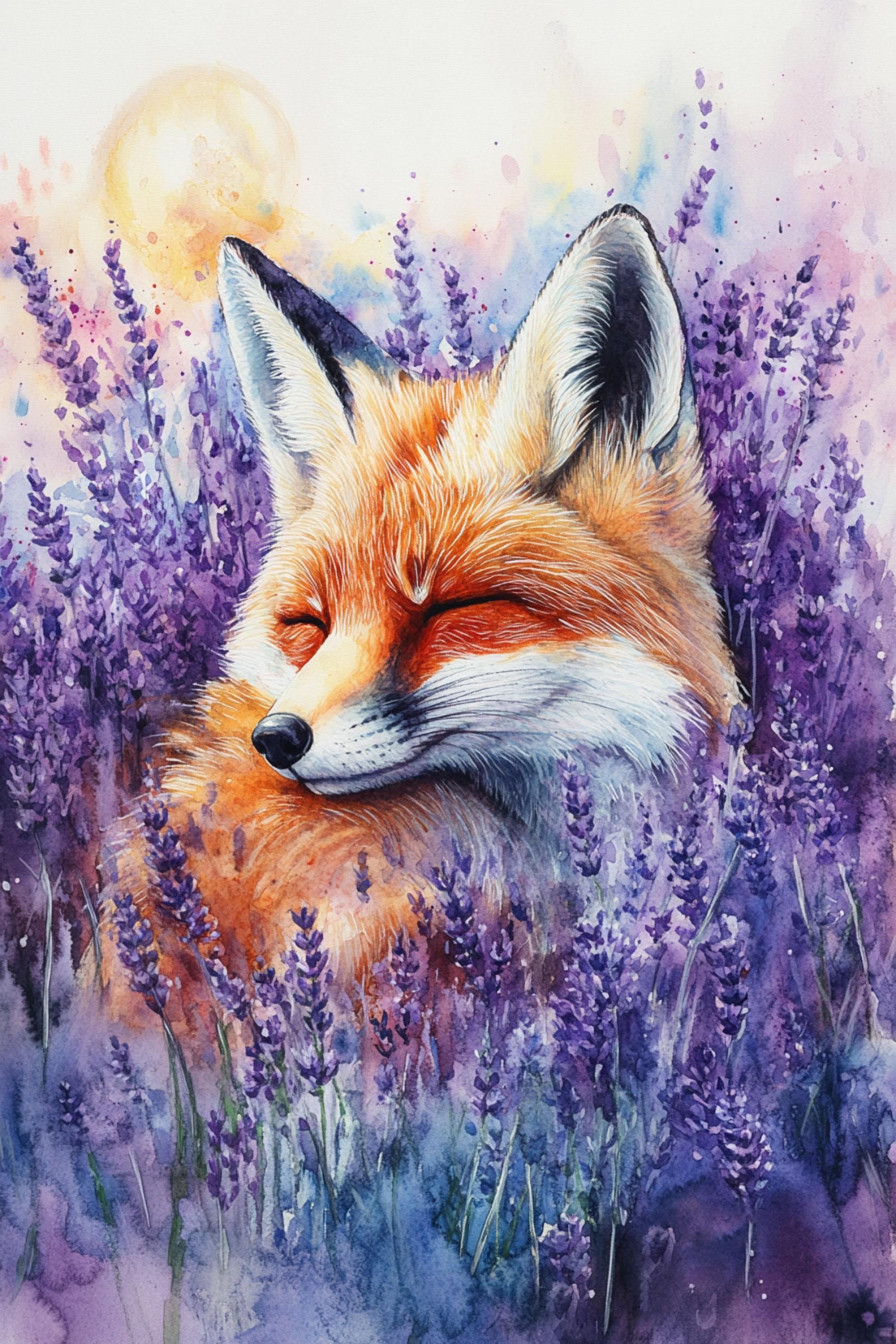 A painting of a sleeping fox surrounded by a field of purple lavender flowers, with a yellow sun in the background.