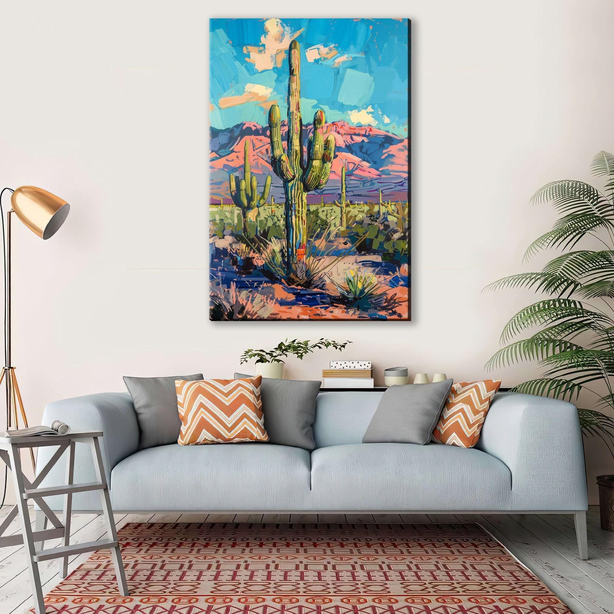 Saguaro Cactus Wall Painting – Large Gallery Wrapped Canvas with Acid-Free Inks