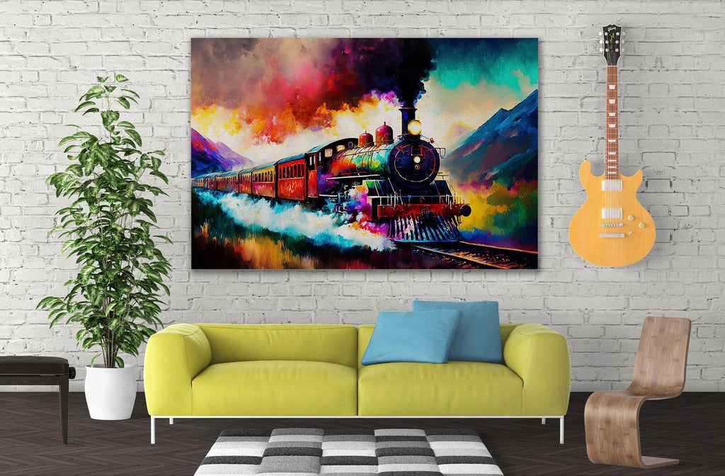 a vibrant painting of a colorful train on a track, with a mountain landscape in the background. The painting is hung on a white brick wall above a yellow couch, which is positioned in front of a potted plant. A guitar is also visible in the room, adding a musical element to the scene.