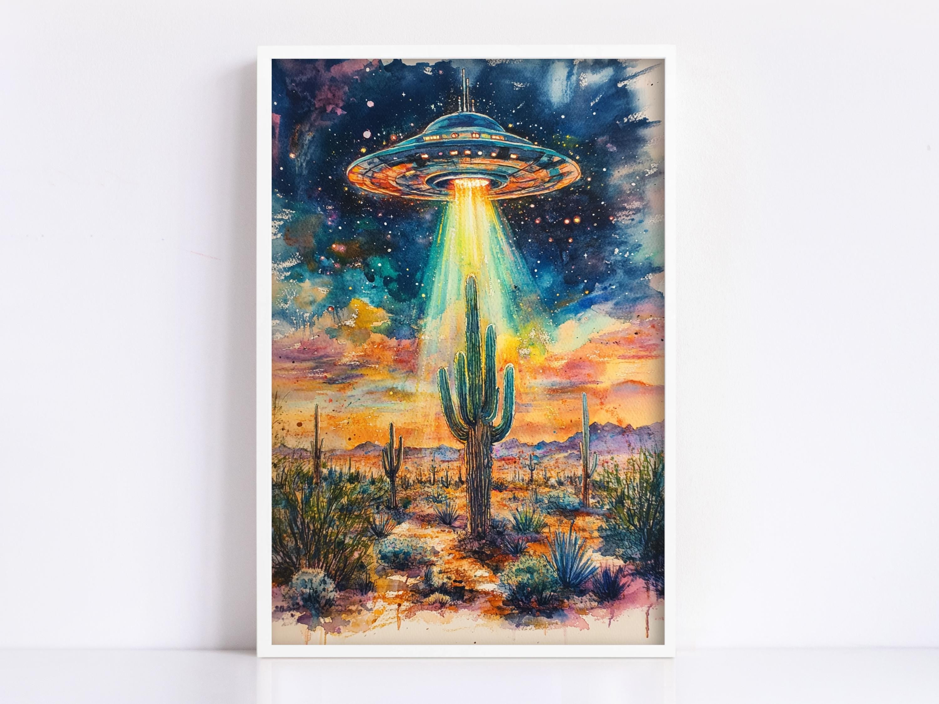 The image is a vibrant painting depicting a large, colorful alien spacecraft hovering over a desert landscape with cacti and a sunset sky.