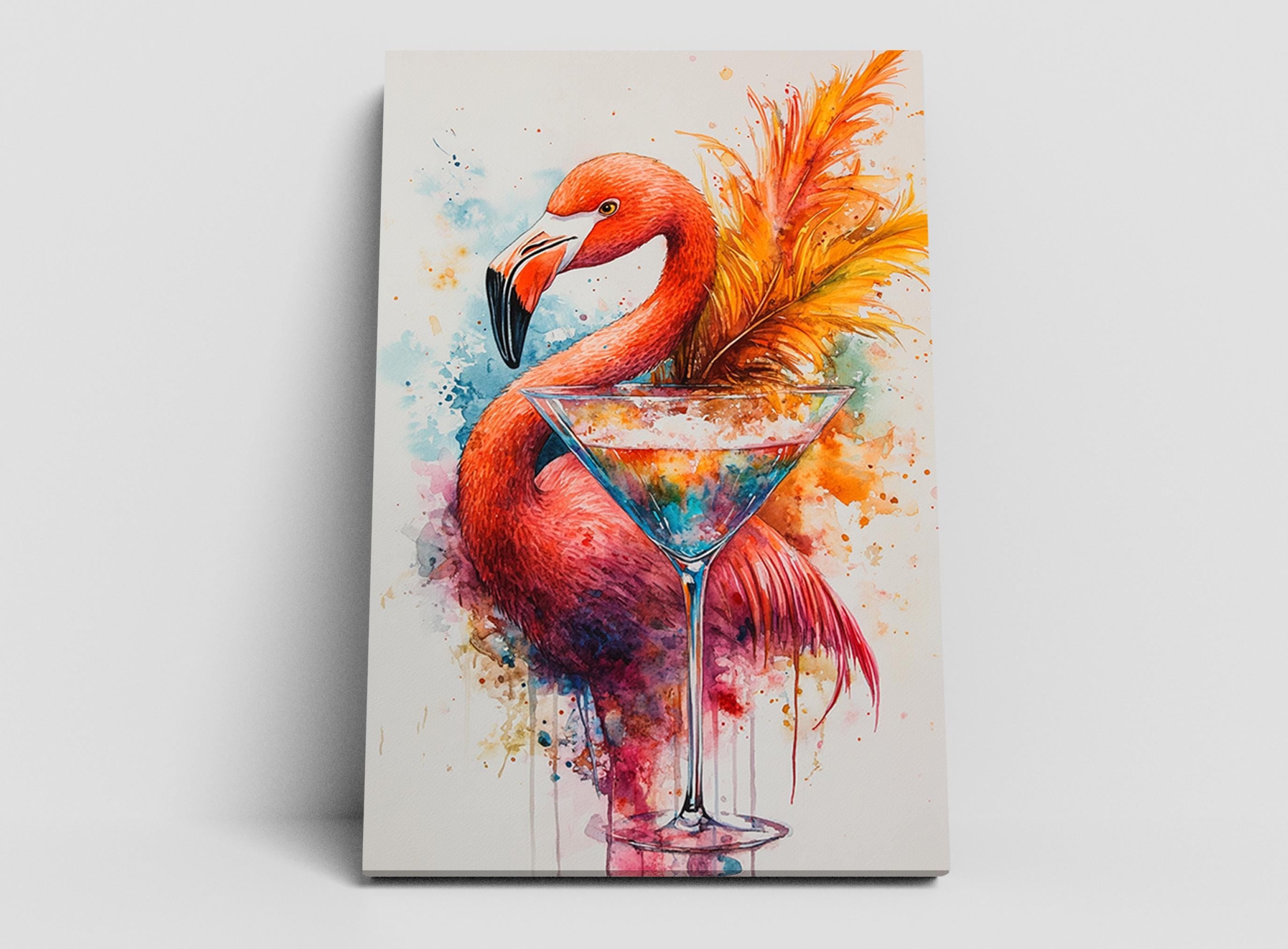 A vibrant painting depicting a flamingo standing next to a martini glass, with a splash of colors and a feather-like element.