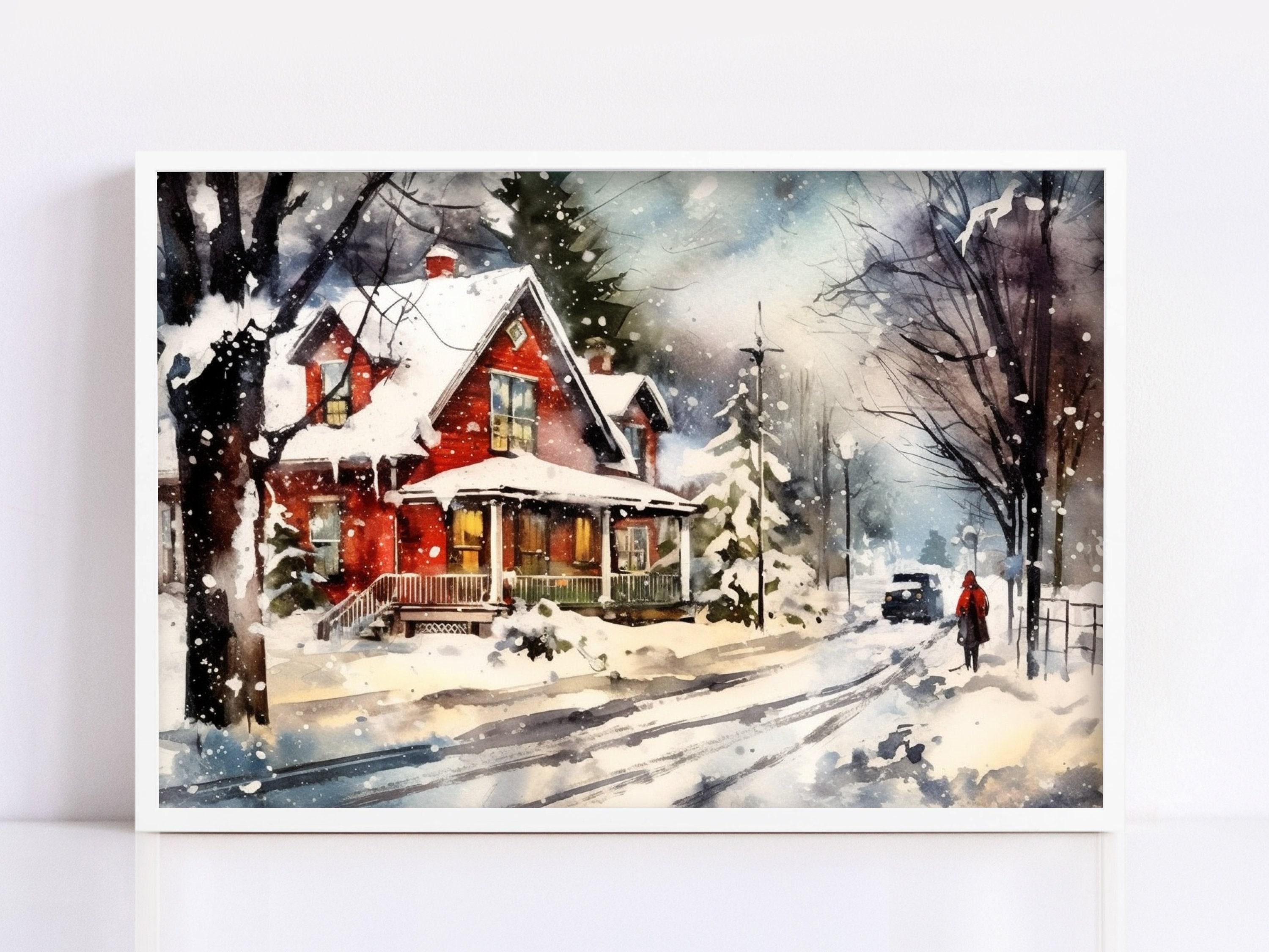 Snowy Christmas Landscape Watercolor - Seasonal Home Decor, Print on Canvas, Artist Paper, Watercolor Paper, Available in Extra Large Sizes