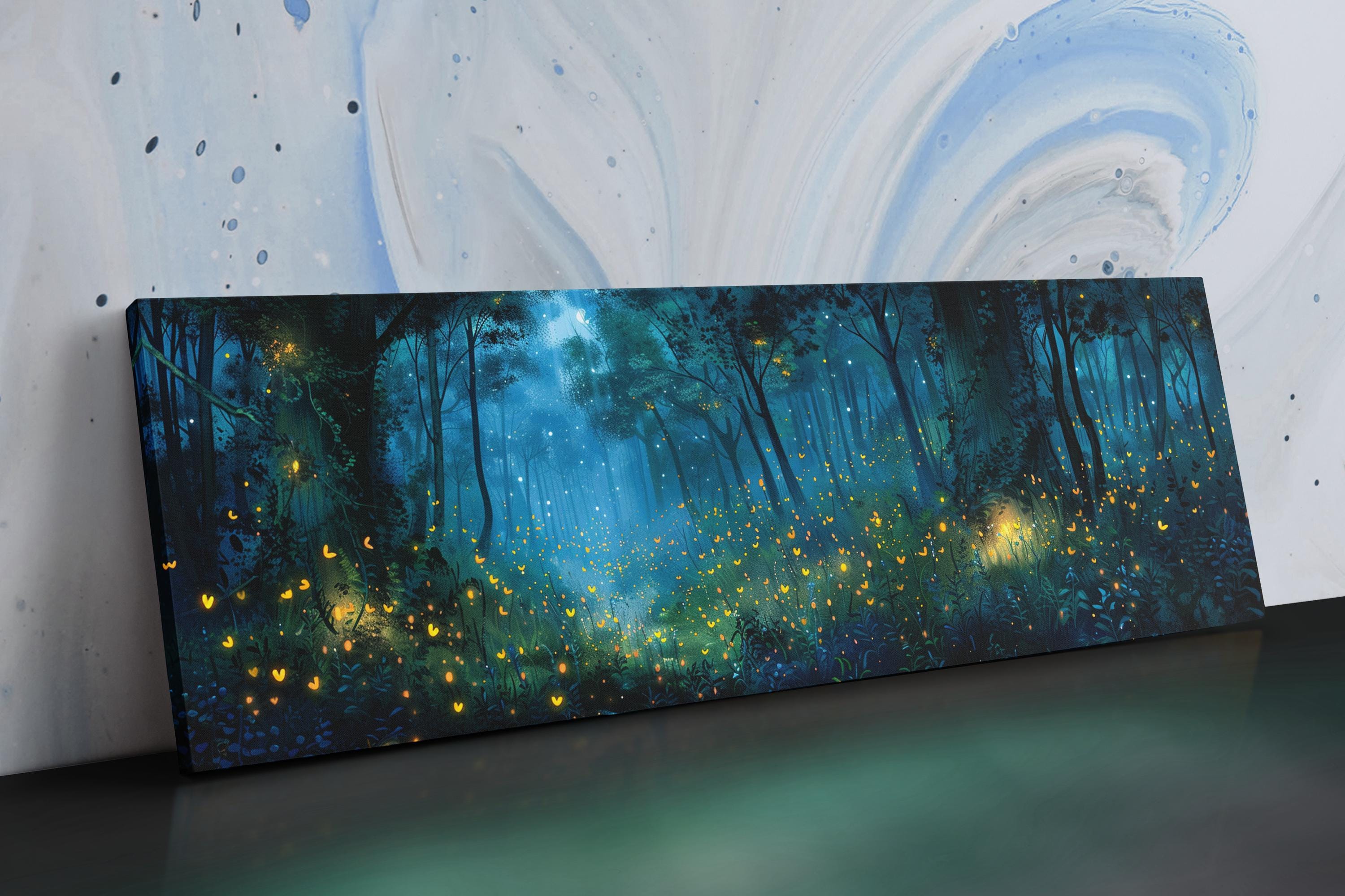 a painting of a forest filled with fireflies