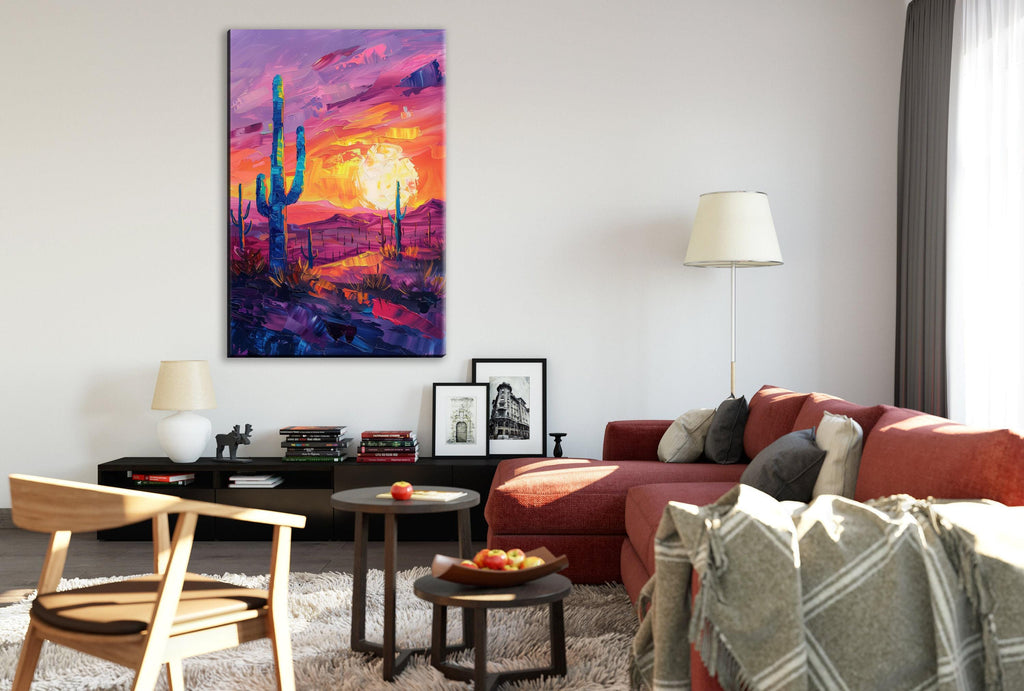 Desert Saguaro Canvas – Southwest Wall Art | Gallery Wrapped Sunset Cactus Silhouette Print
