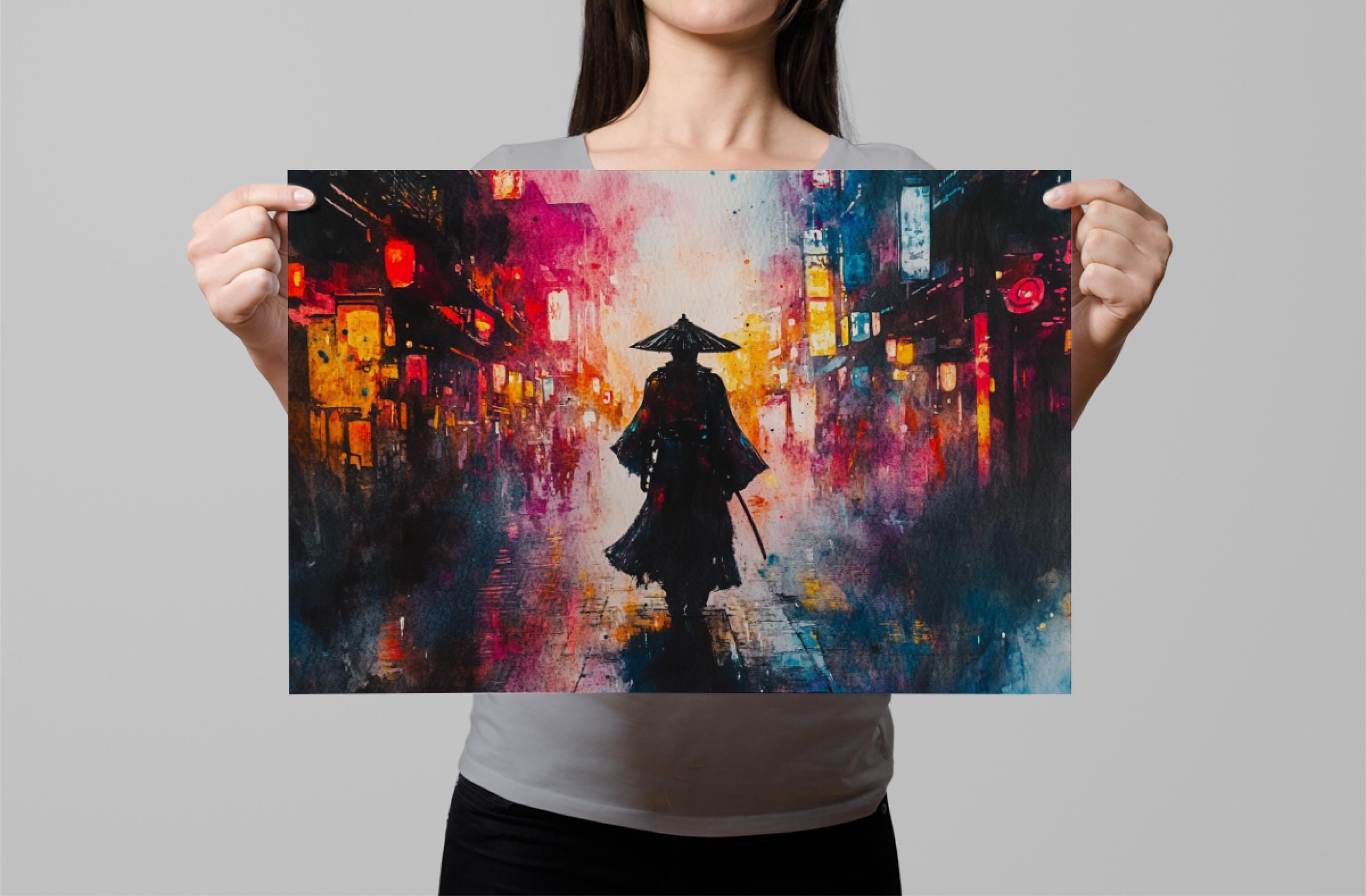 A woman holds up a vibrant, colorful painting depicting a person in a long black coat and hat walking down a city street at night.