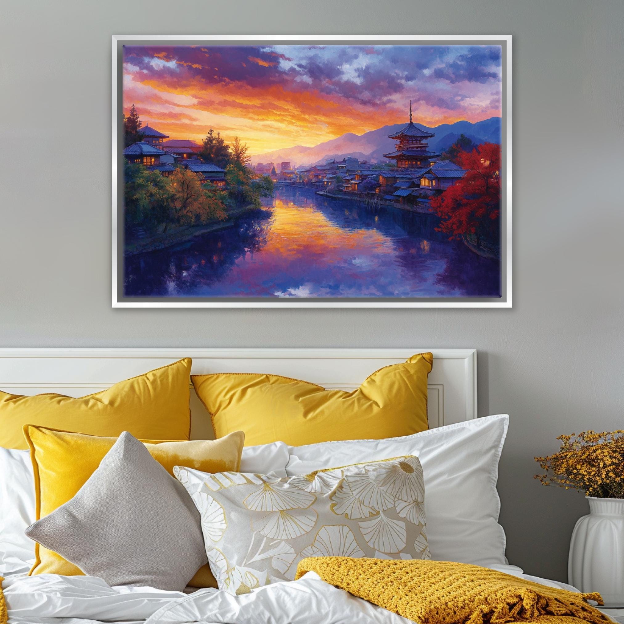 a painting of a beautiful sunset over a river