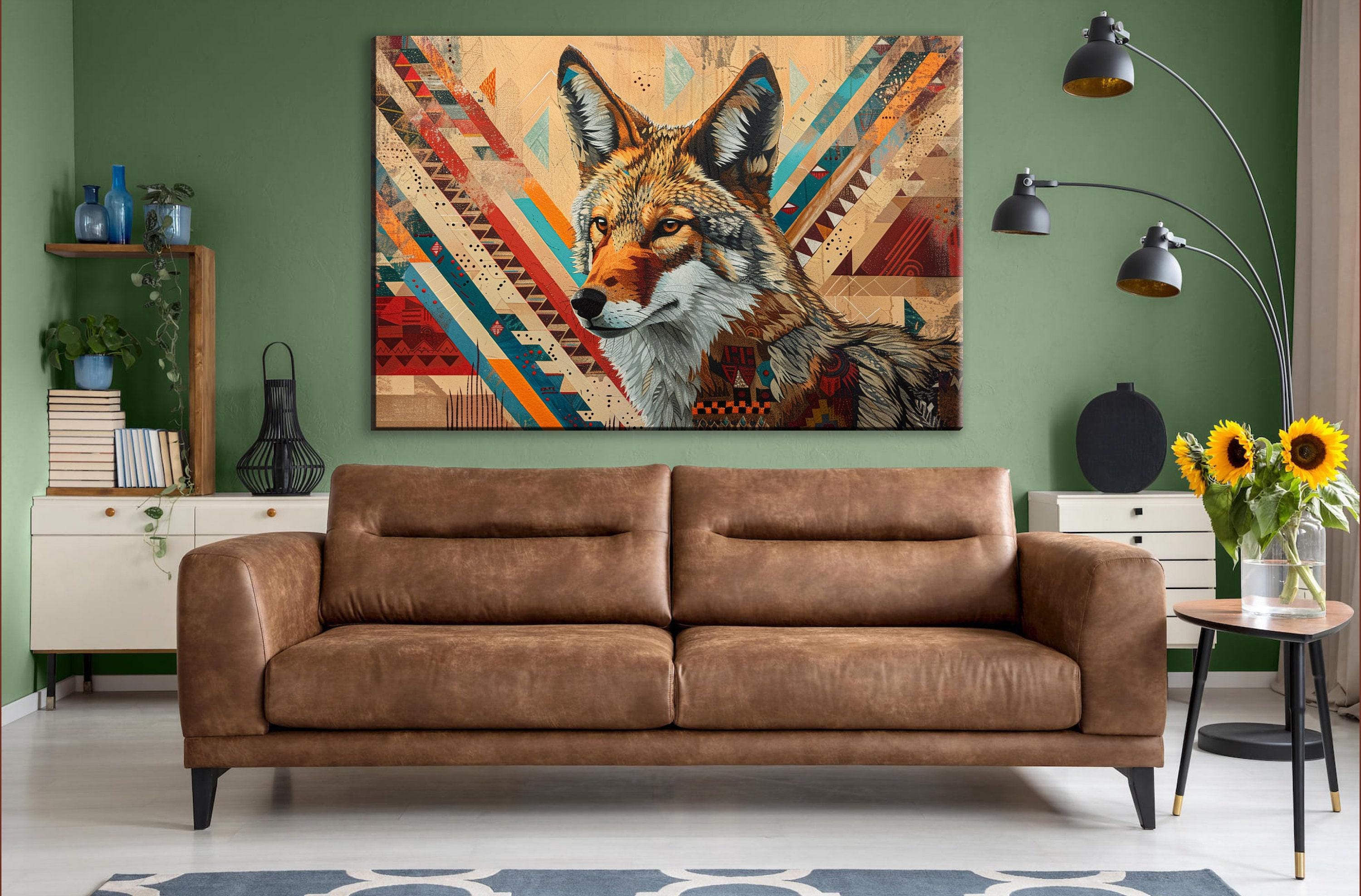 Tribal Coyote Wall Art – Native American Art on Extra Large Gallery Wrapped Canvas