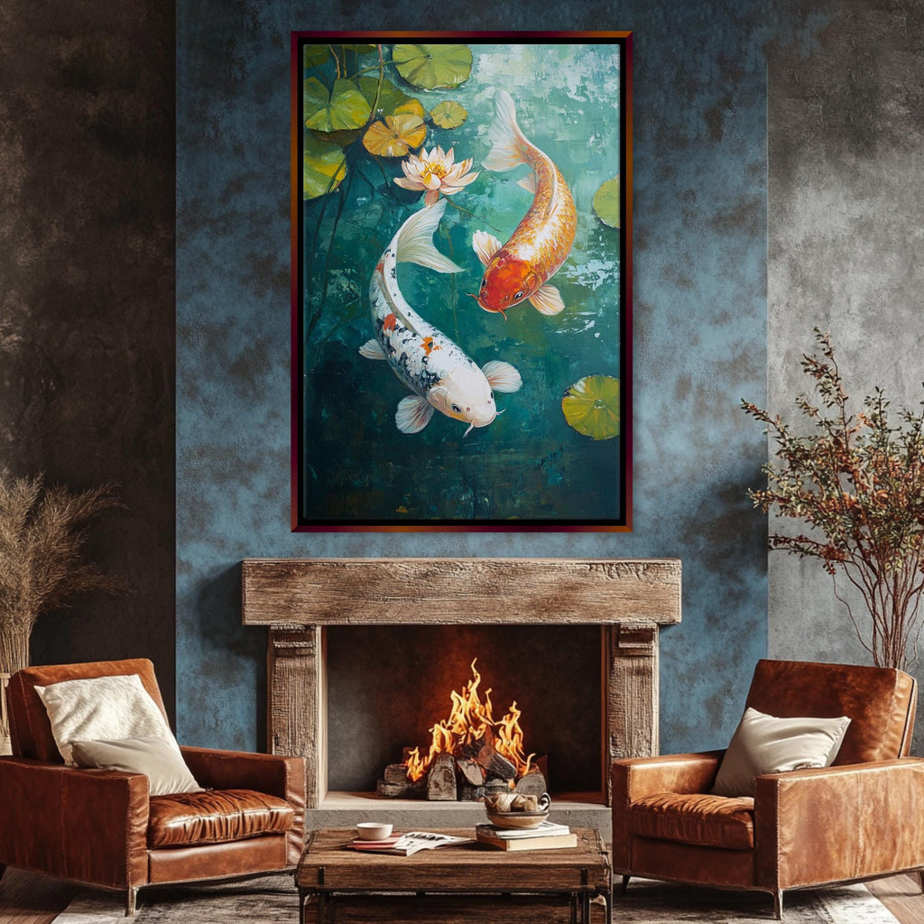 a living room with a fire place and a painting on the wall