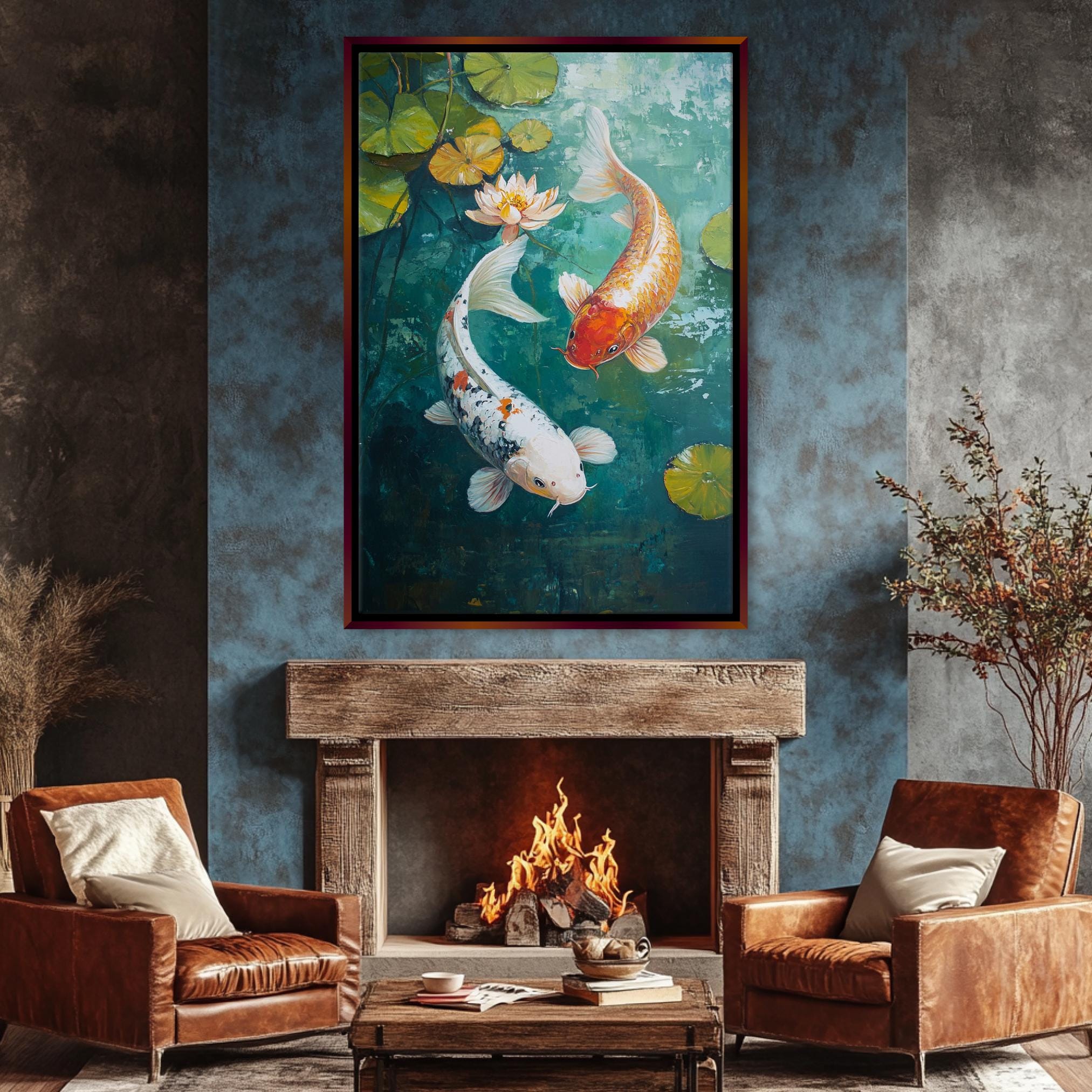 a living room with a fire place and a painting on the wall