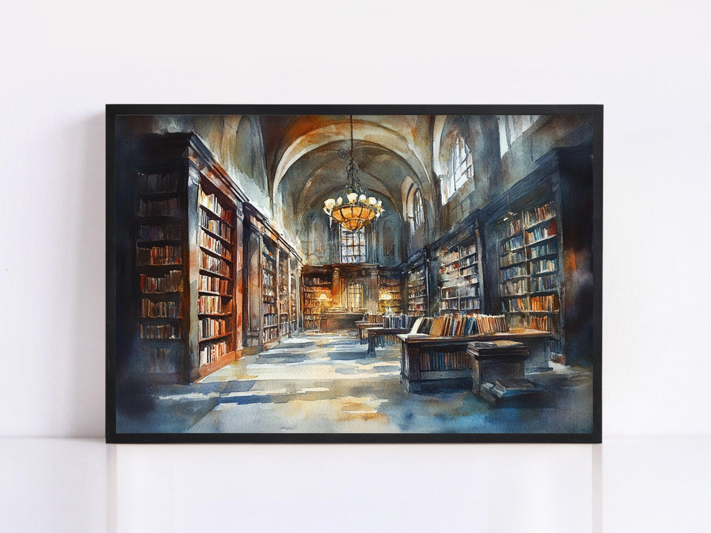 a grand library with towering bookshelves, a high vaulted ceiling, and a large chandelier hanging from the center.
