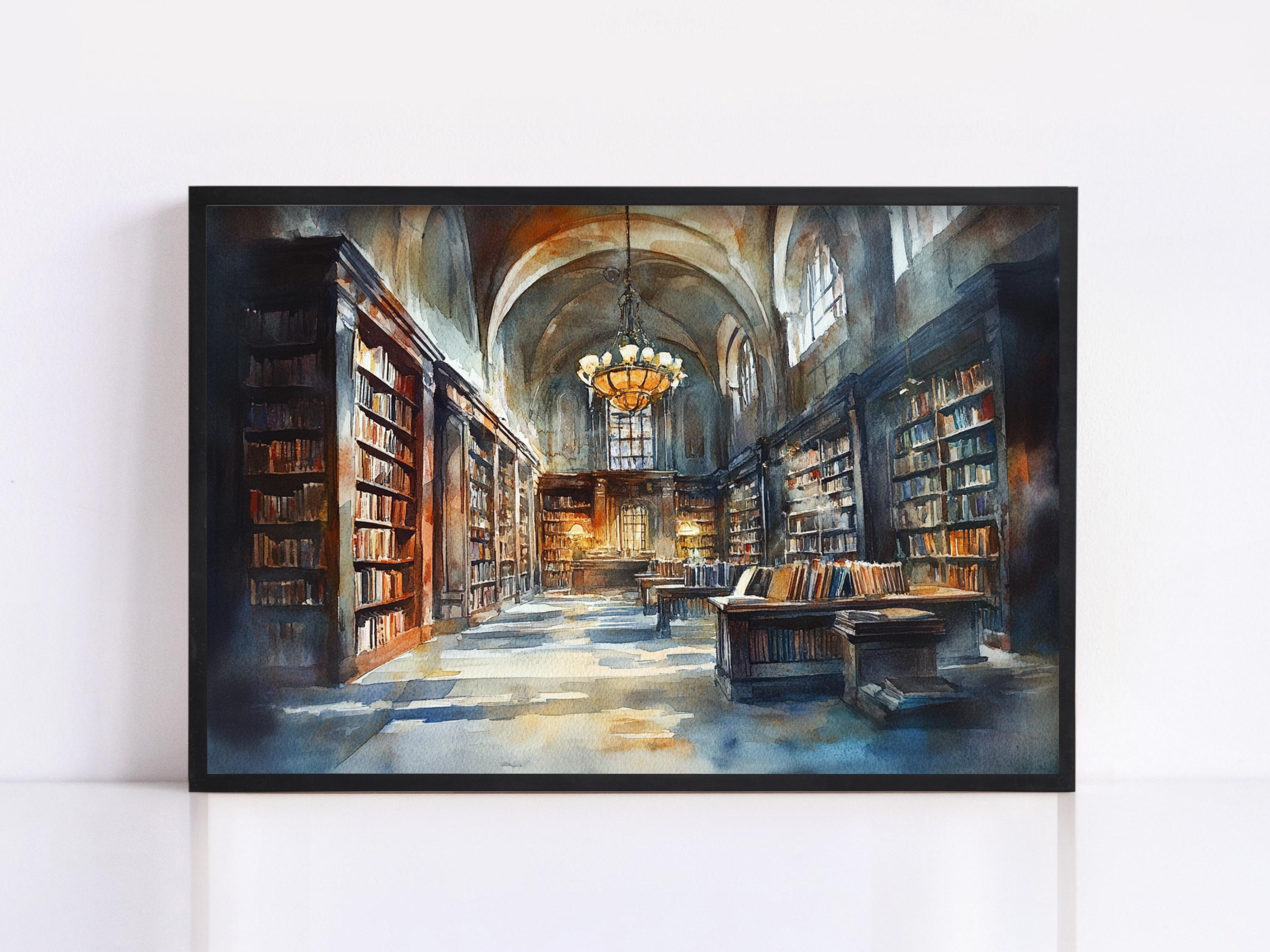 a grand library with towering bookshelves, a high vaulted ceiling, and a large chandelier hanging from the center.