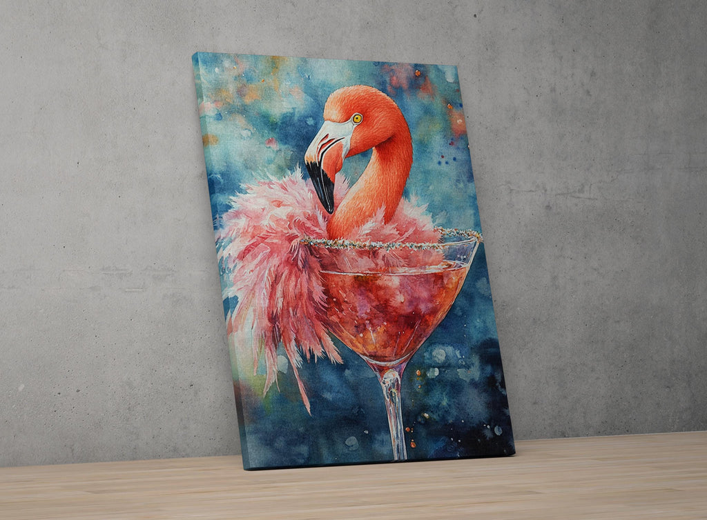 A vibrant painting of a flamingo perched on a martini glass, set against a colorful background.