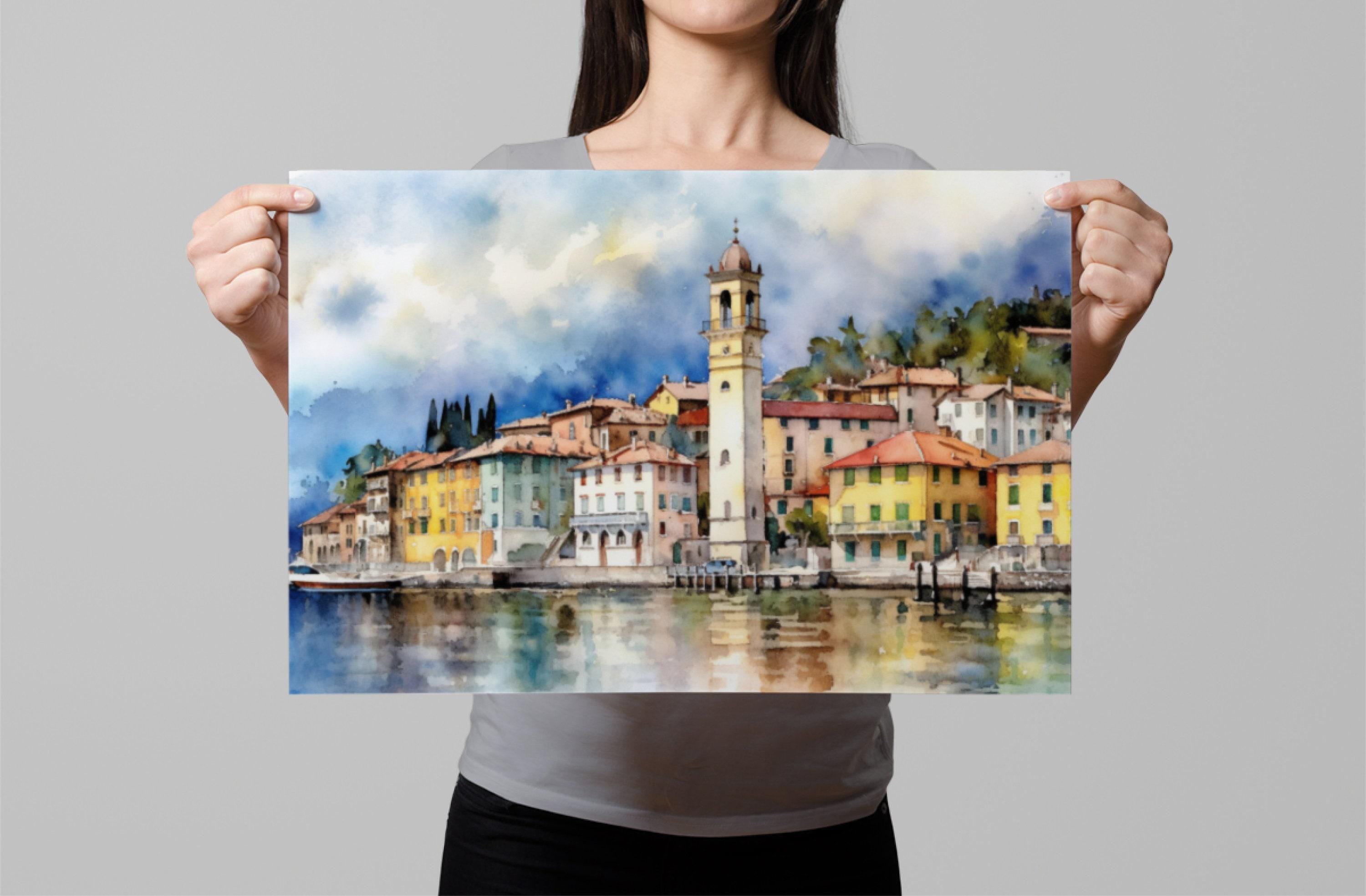 Tranquil Lake Cuomo Waters - Italian Landscape Print, Giclee Print on Canvas, Artist Paper, Watercolor Paper, Available in Extra Large Sizes