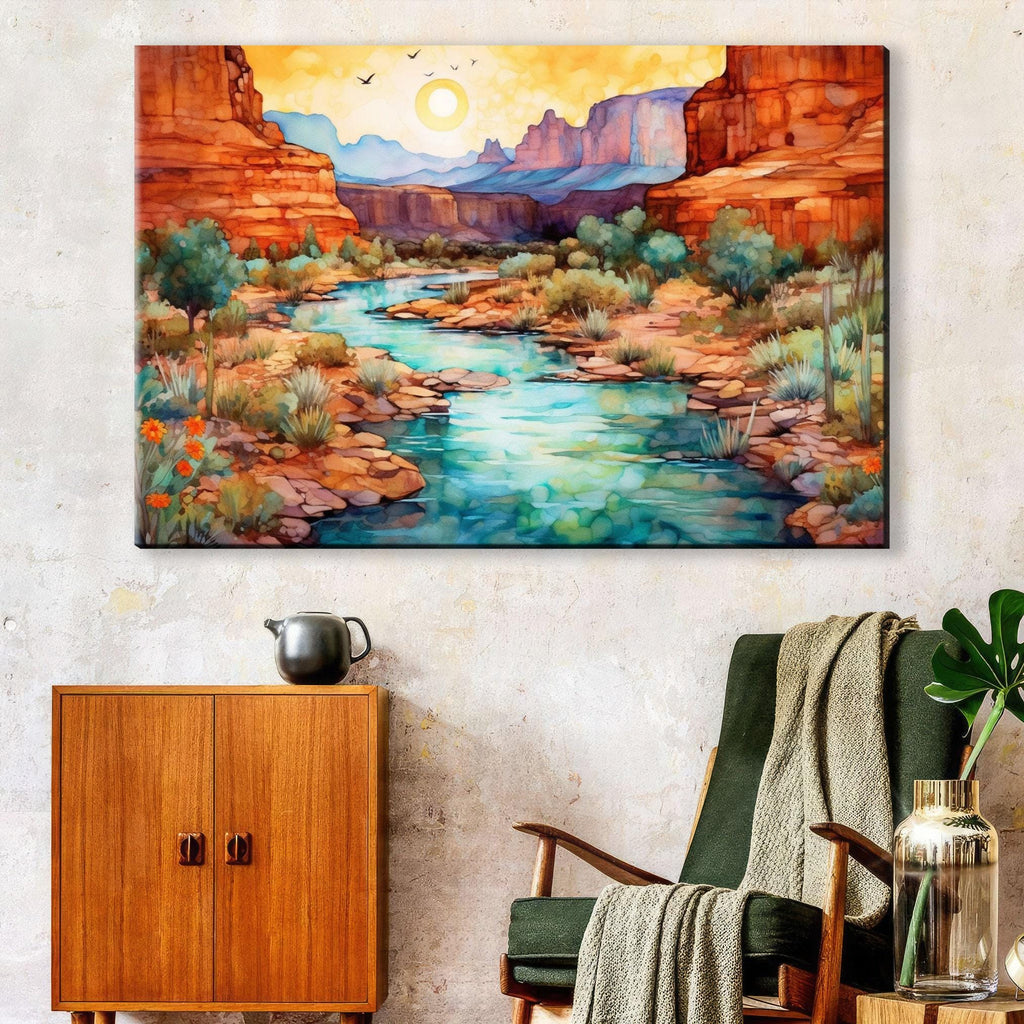 a serene desert landscape with a winding river flowing through the scene, surrounded by towering red rock formations and lush vegetation.