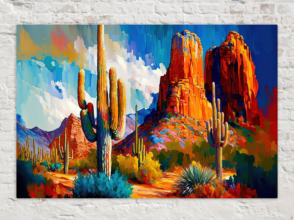 A vibrant, colorful painting depicting a desert landscape with towering red rock formations, cacti, and a blue sky with clouds.