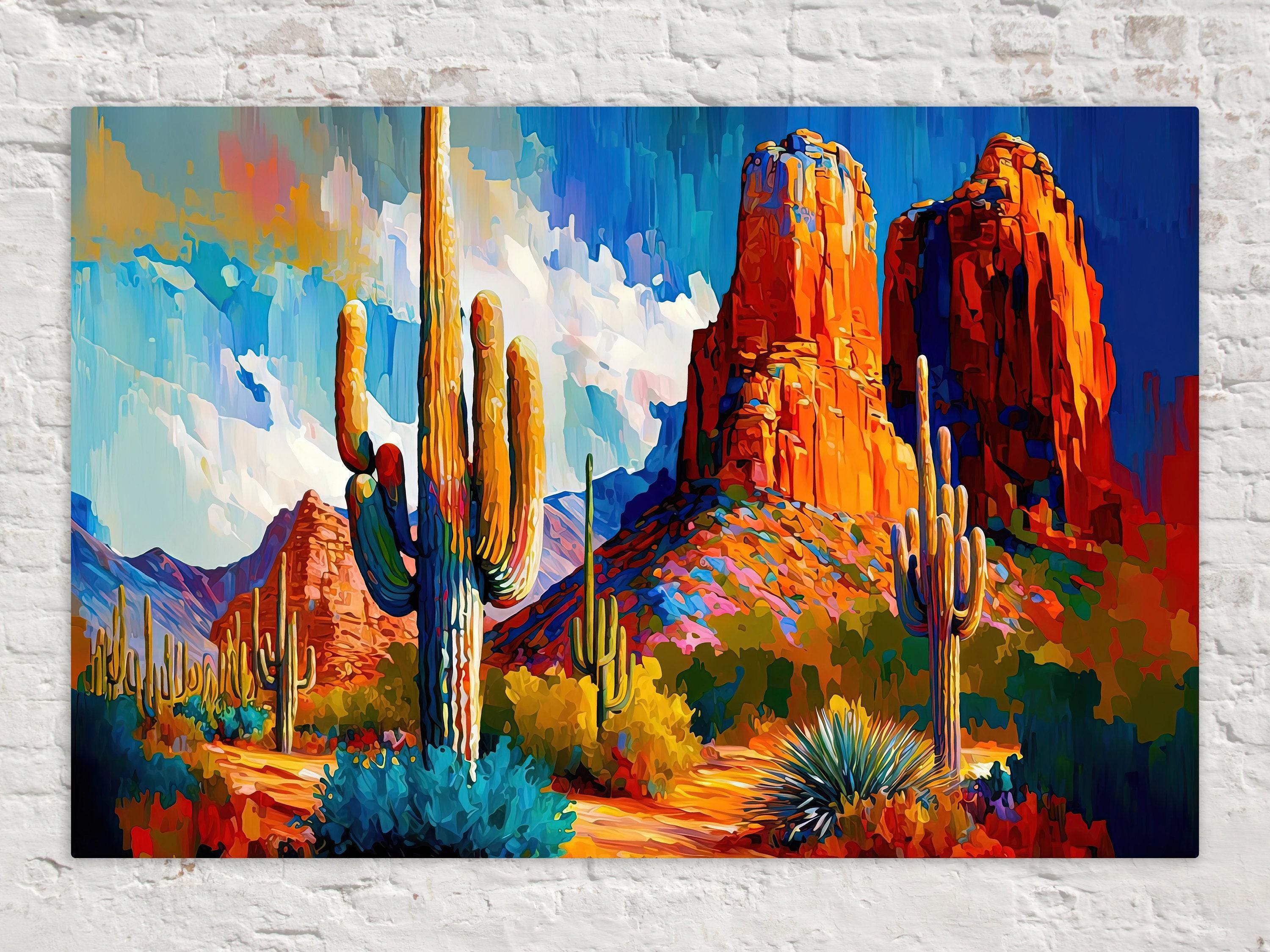A vibrant, colorful painting depicting a desert landscape with towering red rock formations, cacti, and a blue sky with clouds.