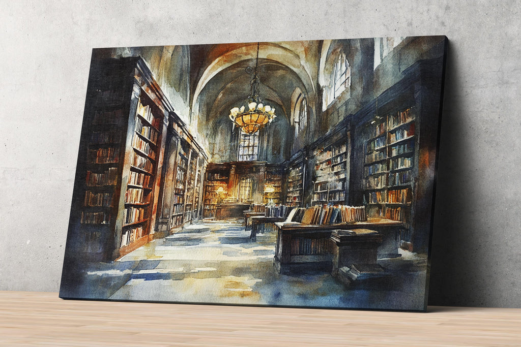 a grand library with towering bookshelves, a large chandelier hanging from the ceiling, and a warm, inviting atmosphere.