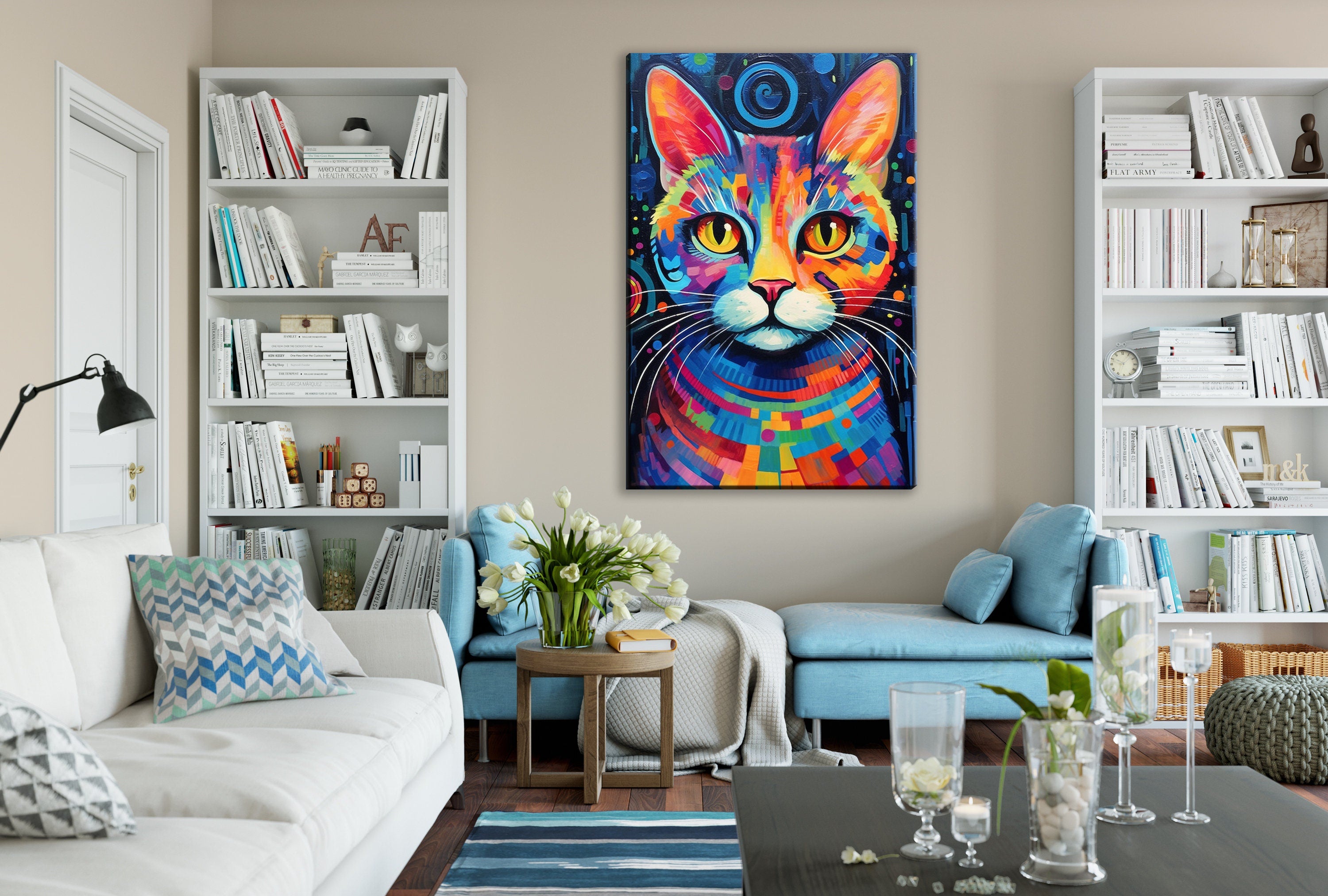 Colorful Cat Painting - Large Canvas Wall Art | Vibrant Pet Art, Expressive Cat Portrait