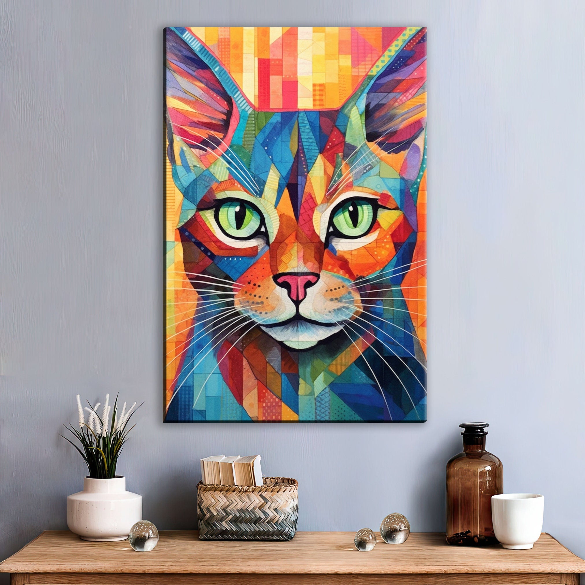 Cat Canvas Wall Art - Large Colorful Cat Portrait with Abstract Pop Art Painting