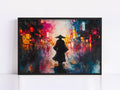 The image is a framed painting depicting a person in a traditional Asian outfit walking down a city street at night, with colorful lights and buildings in the background.