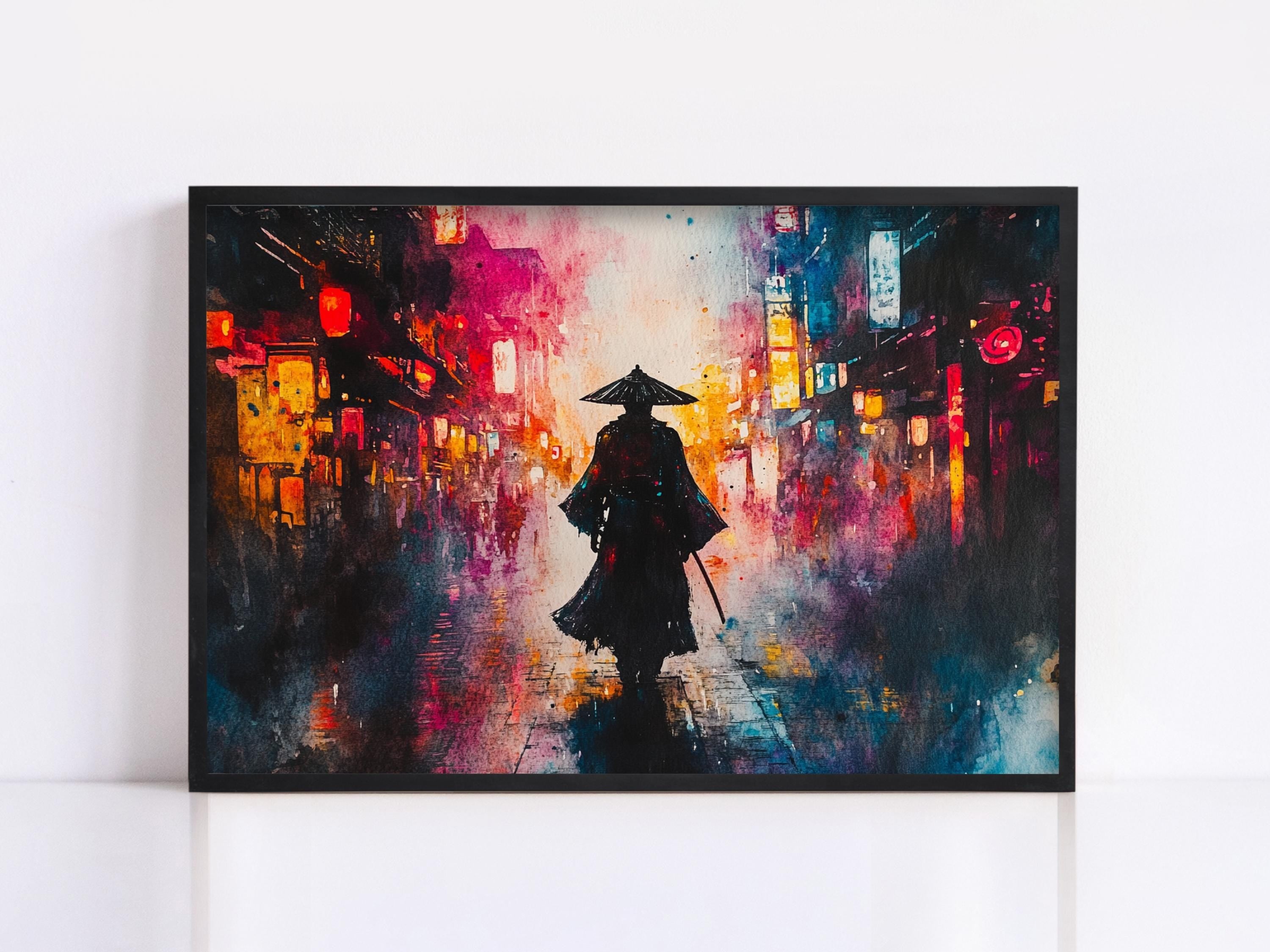 The image is a framed painting depicting a person in a traditional Asian outfit walking down a city street at night, with colorful lights and buildings in the background.