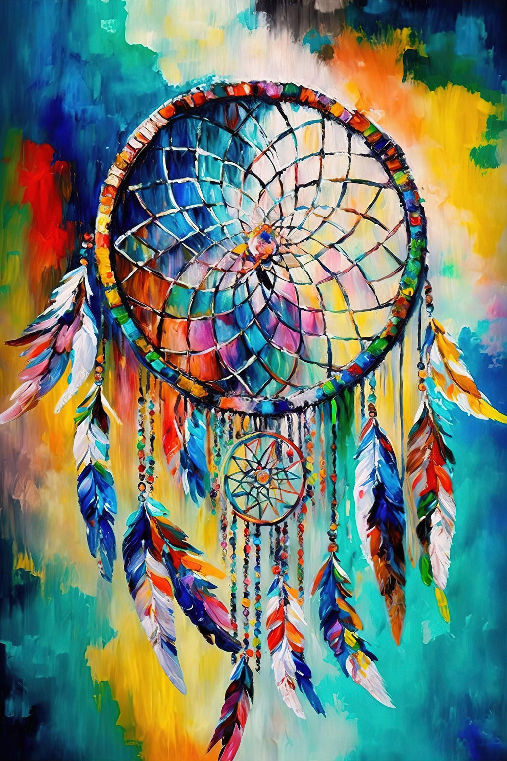 Dreamcatcher Art Print - Native American Canvas Wall Decor With Peacock Feather Art