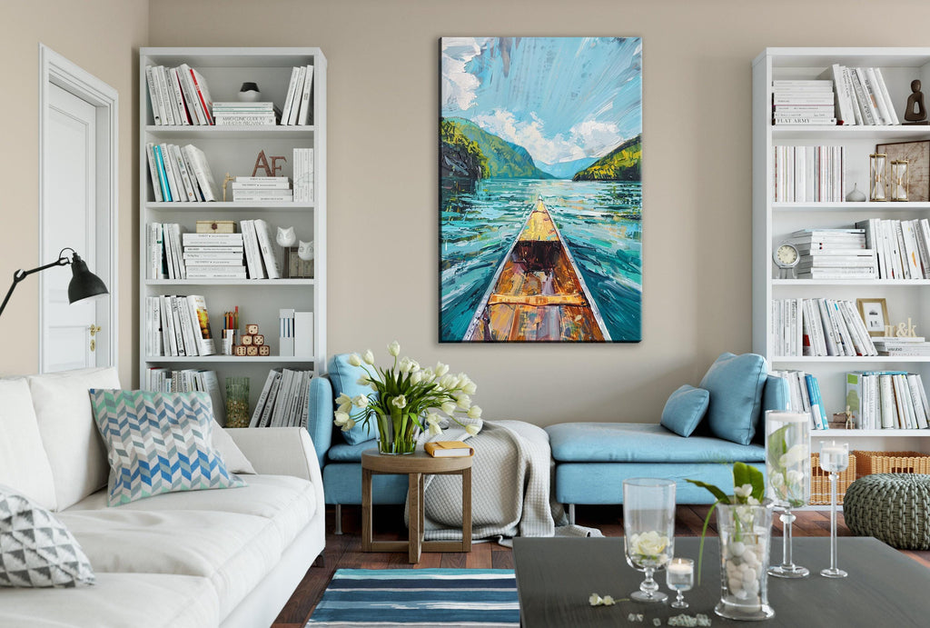 Canoe Wall Art – Rustic River Canvas Print | Large Gallery Wrapped Nature Artwork