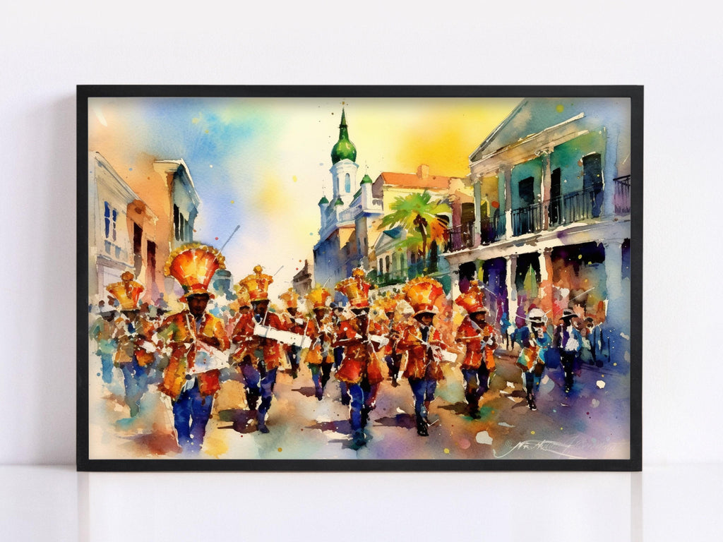 Mardi Gras Marching Band Watercolor – NOLA Parade, Giclee Print on Canvas, Artist Paper, Watercolor Paper, Available in Extra Large Sizes
