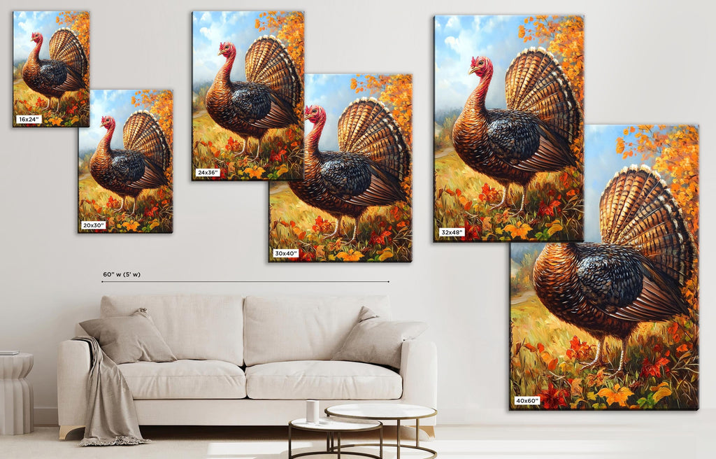 The image is a collage of multiple images featuring a turkey in various poses and settings, including a field with autumn foliage.