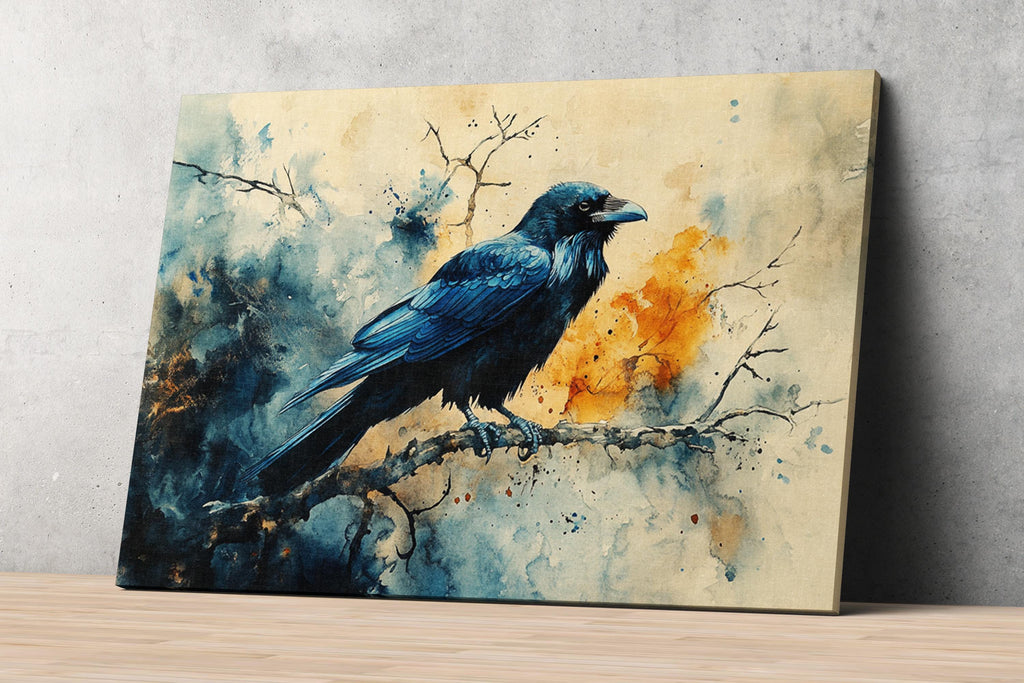 The image is a painting of a black bird perched on a branch, with a colorful background depicting a forest or natural setting.