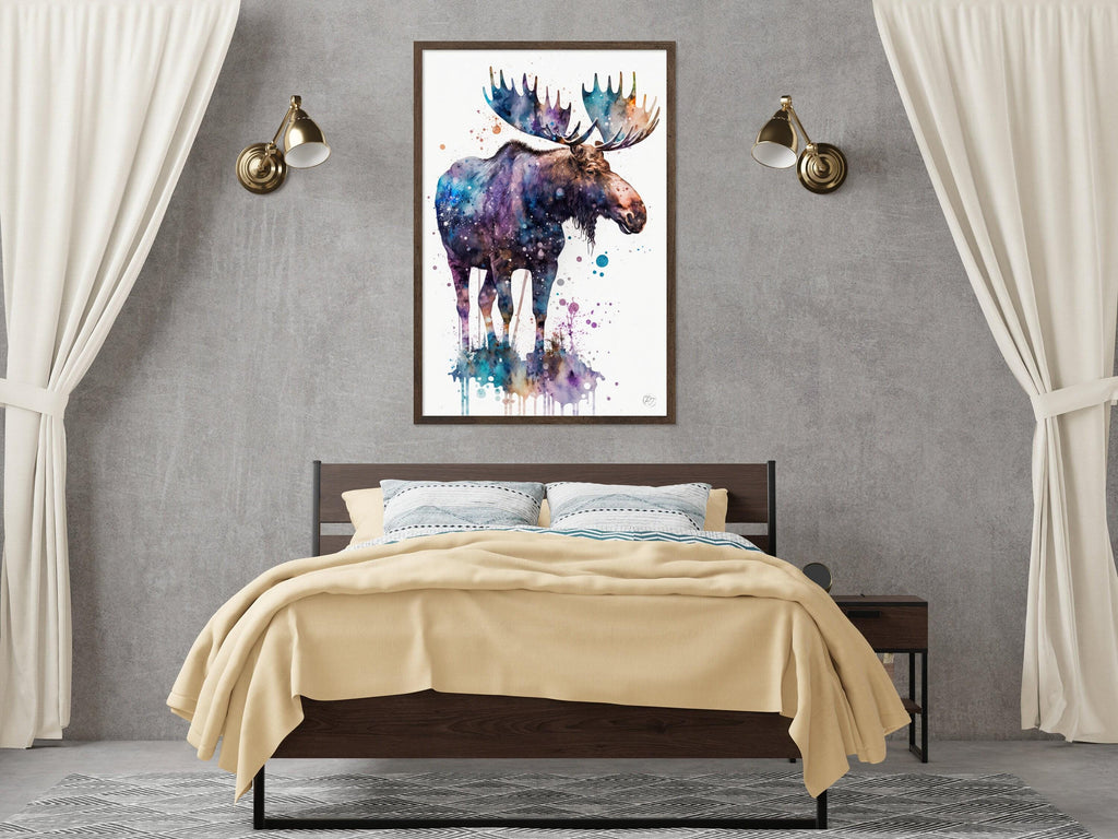 Moose Watercolor Art Print, Nursery Animal Canvas Print, Cute Decor, Framed Kids Wall Art