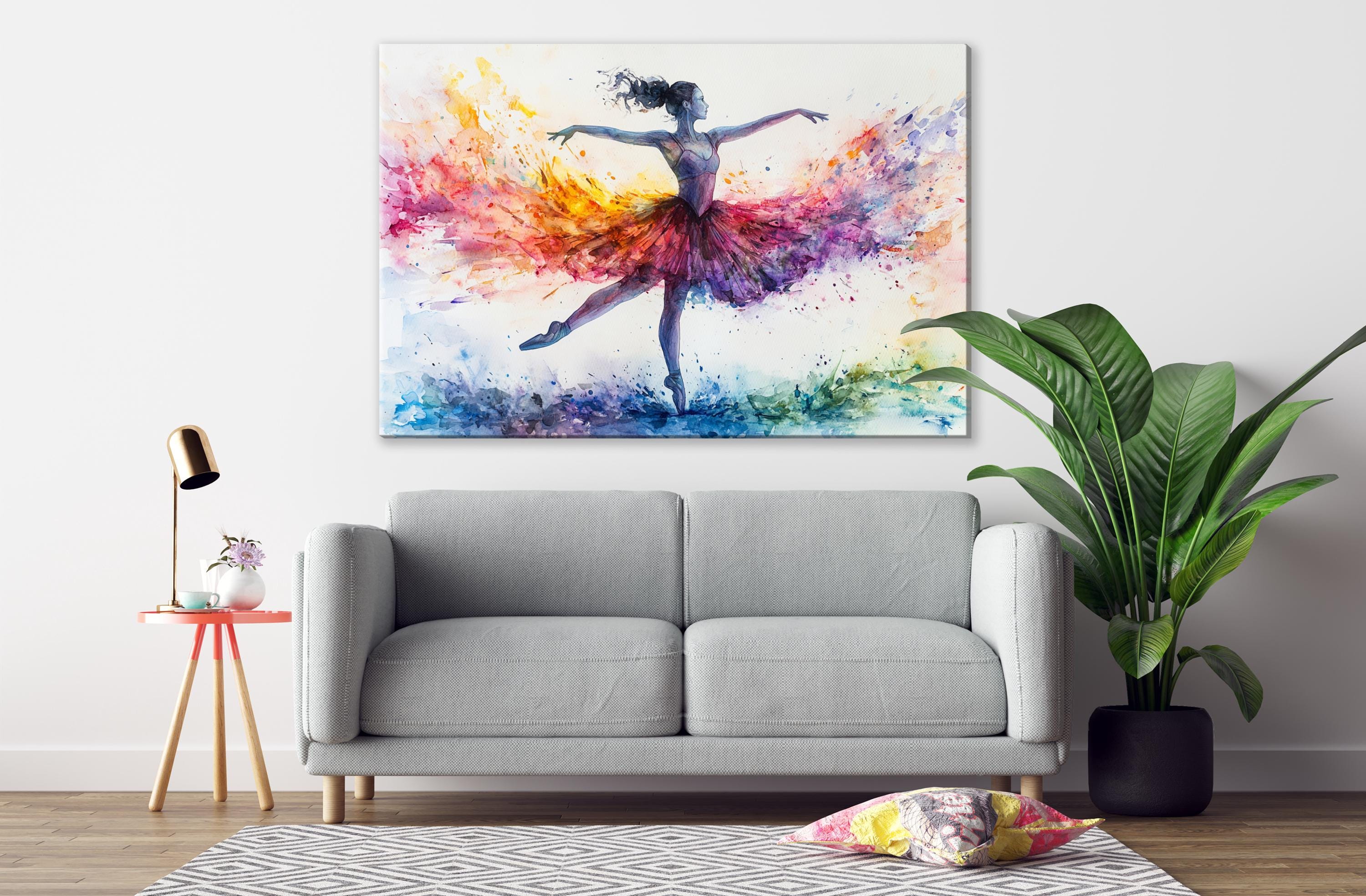 a gray sofa, a potted plant, and a painting of a dancing ballerina on the wall.