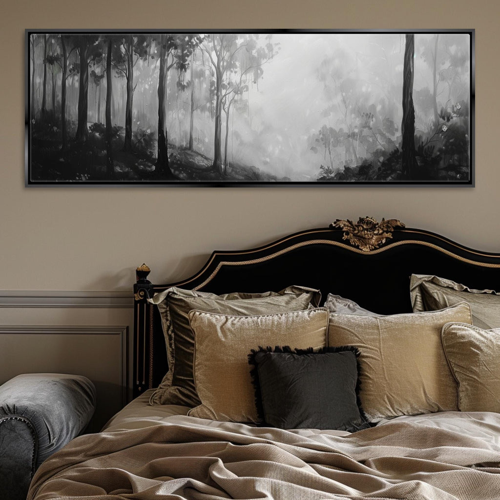 a bedroom with a large painting above the bed