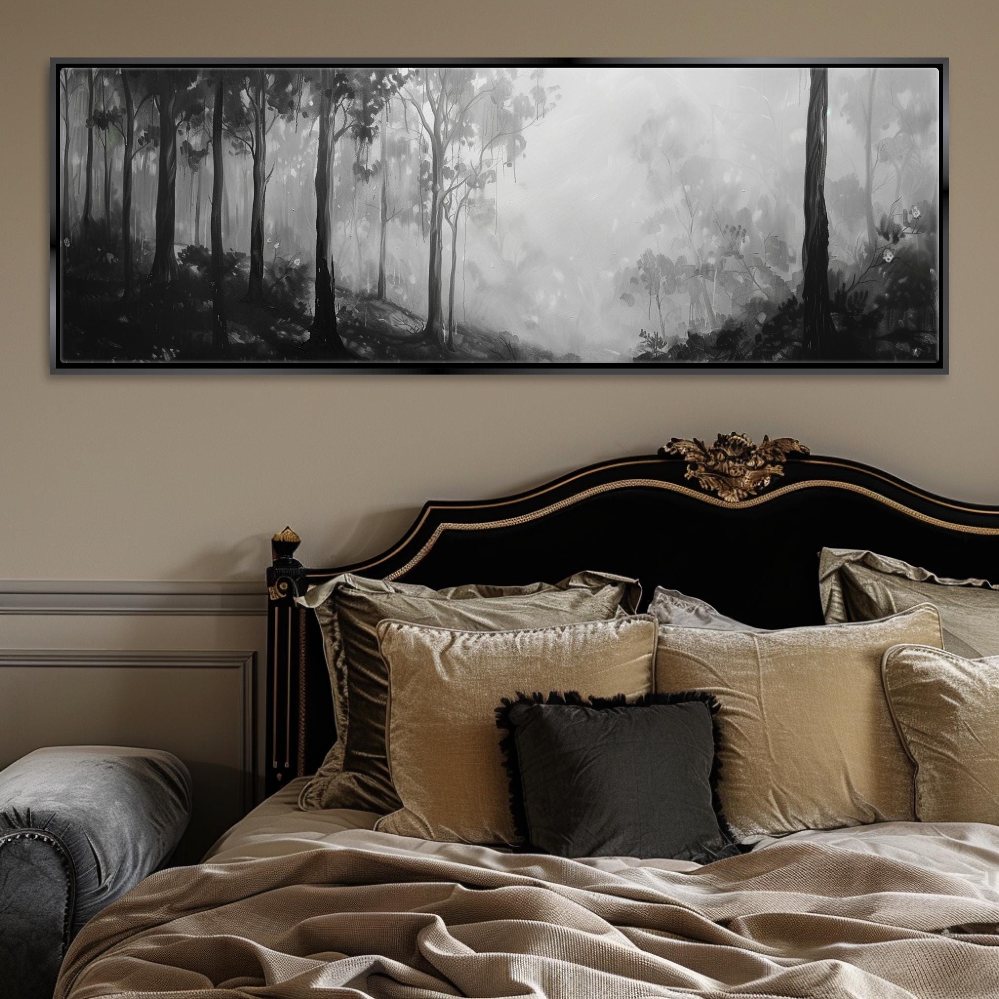 a bedroom with a large painting above the bed