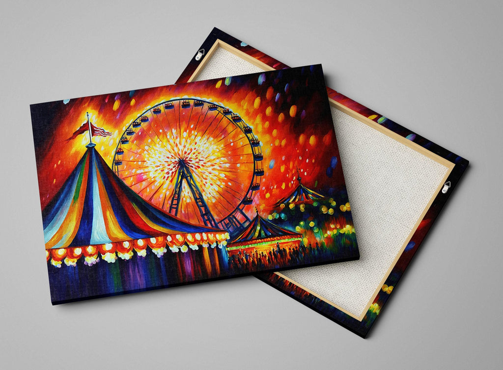 Carnival Canvas Wall Art – Vibrant Circus Painting Print With Ferris Wheel Giclee