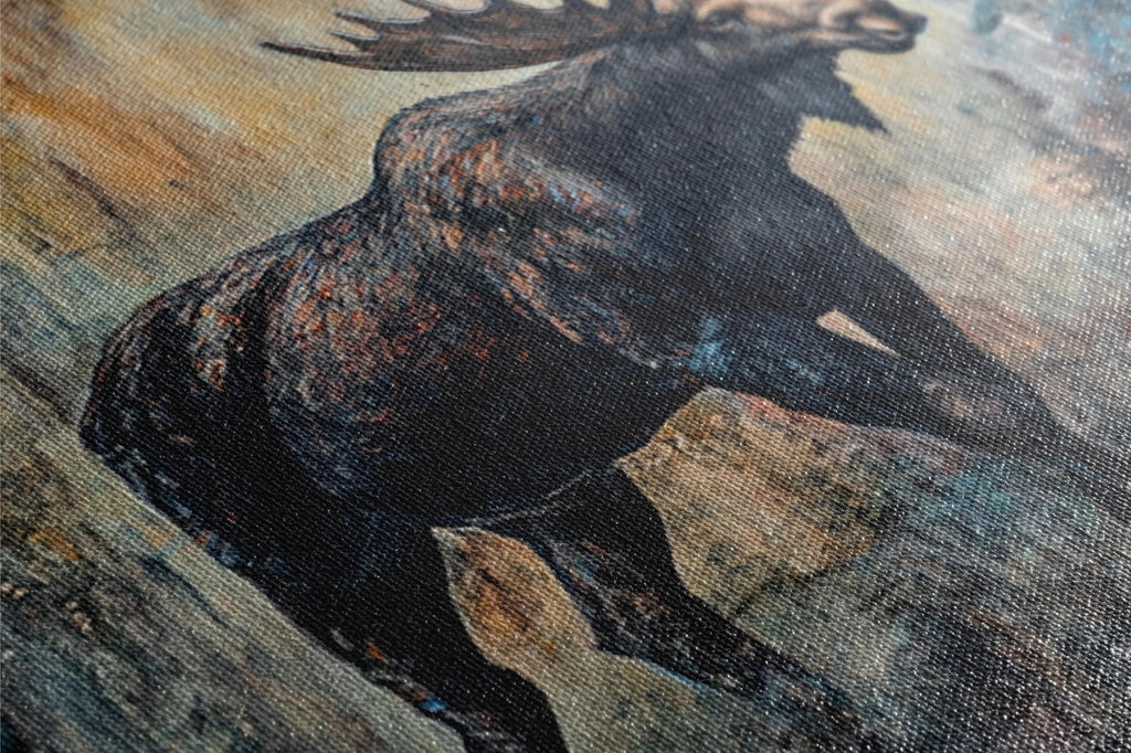 a painting of a moose running through a field