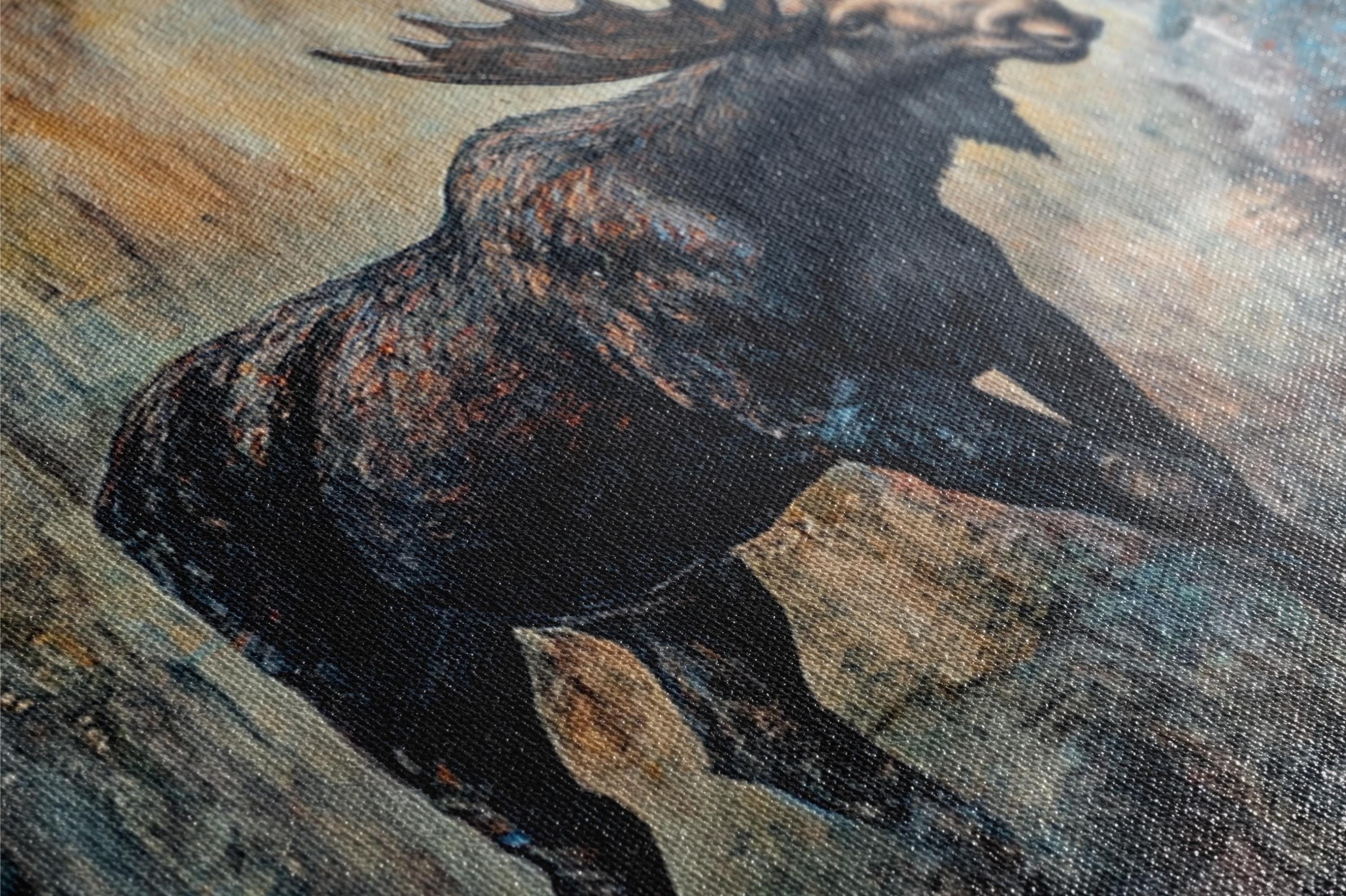 a painting of a moose running through a field