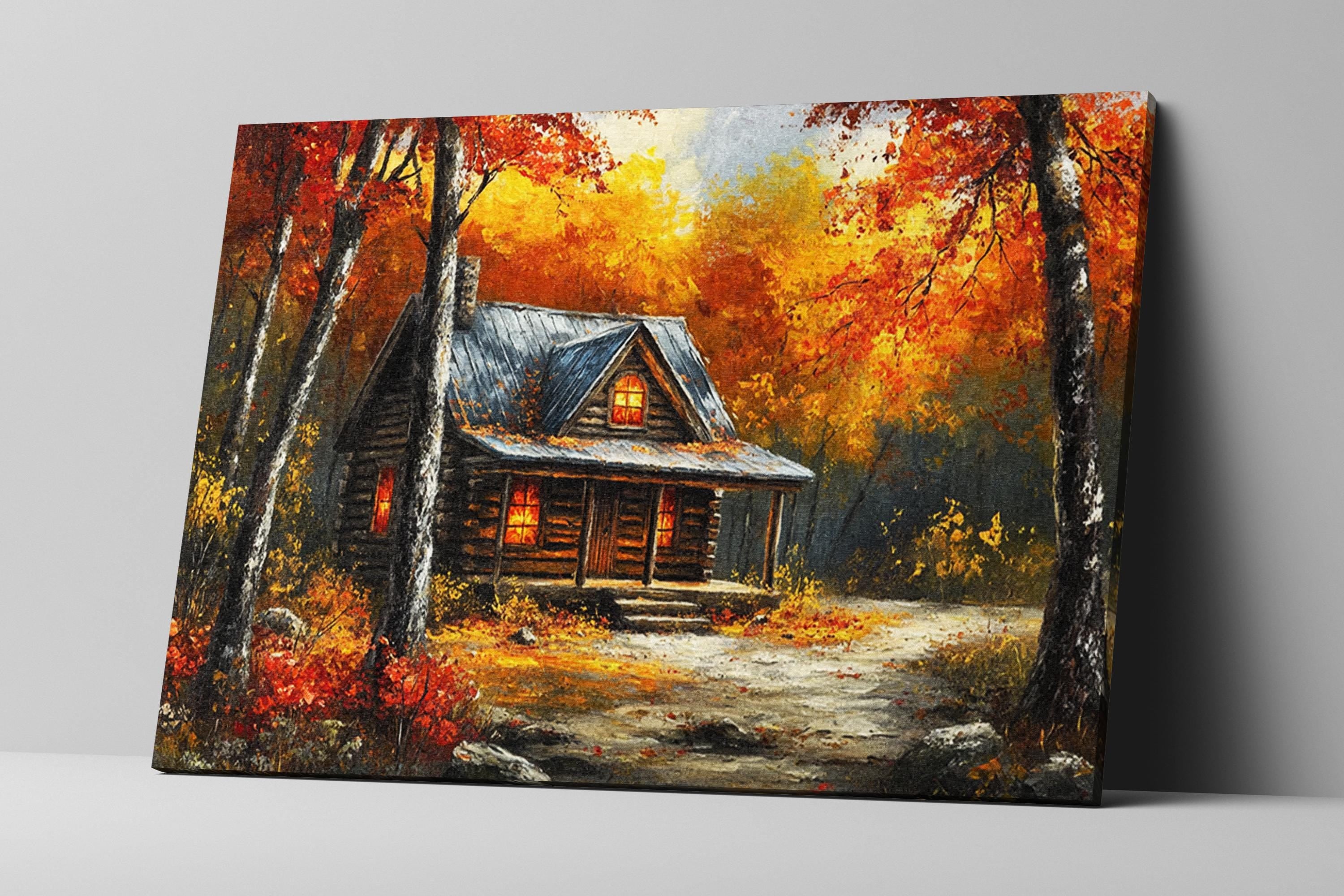 A rustic log cabin nestled in a vibrant autumn forest, with the cabin's warm glow illuminating the surrounding trees and foliage.