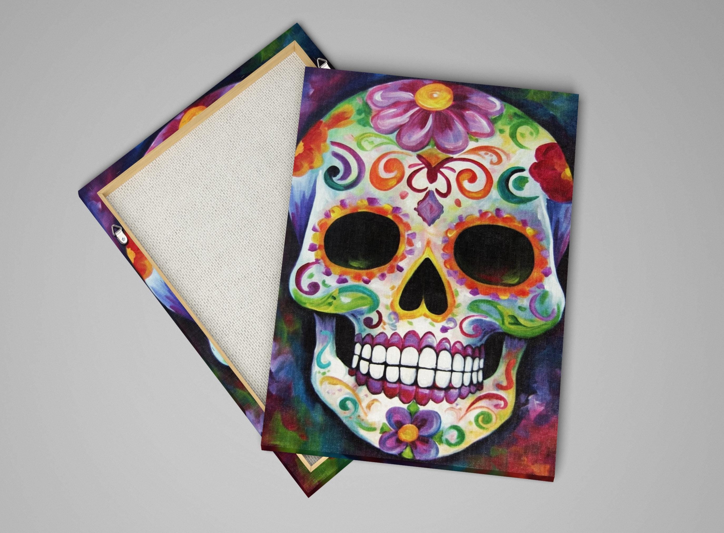Sugar Skull Wall Art – Colorful Day of the Dead Art on Large Giclee Canvas Print