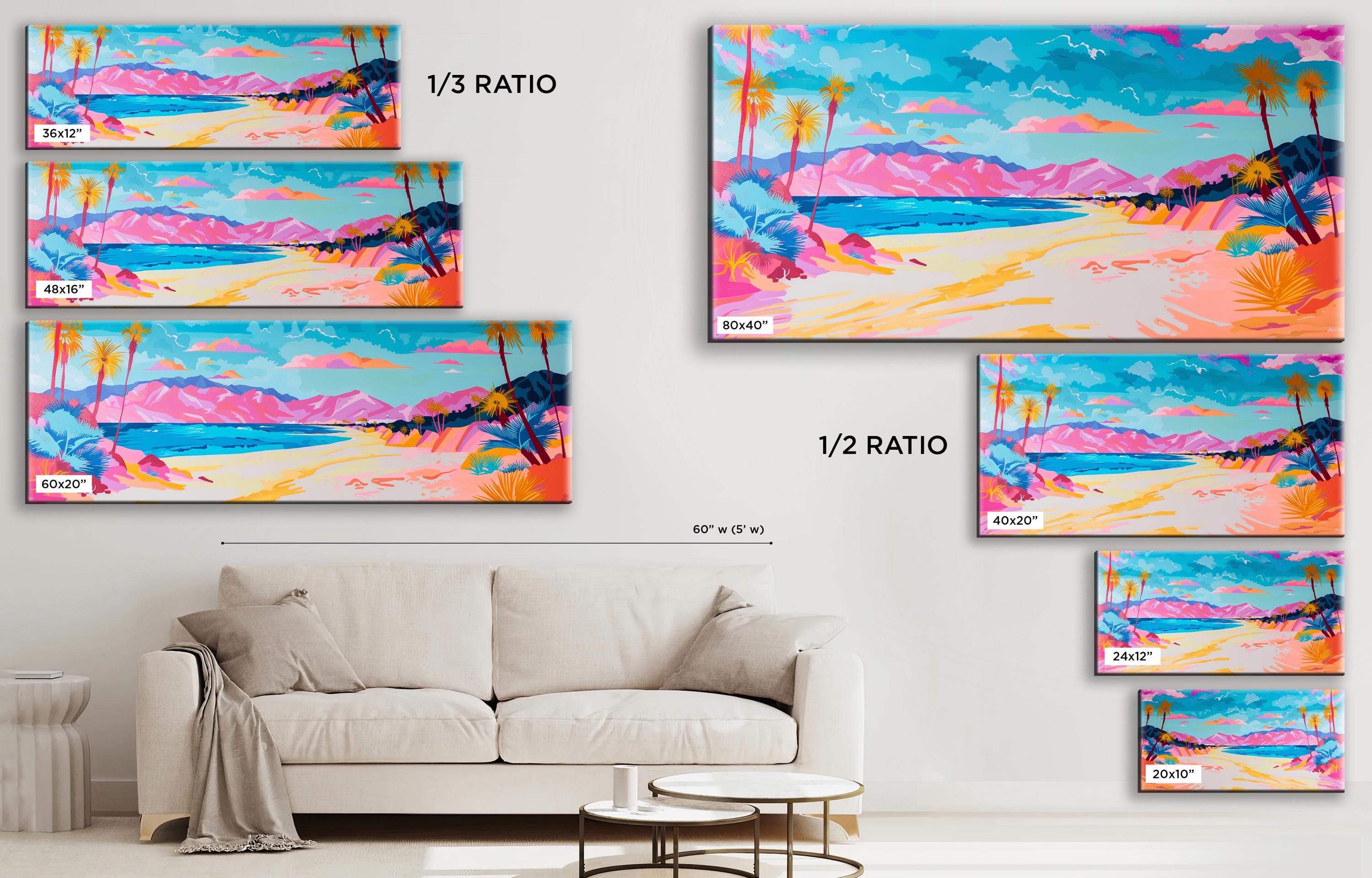 a living room with a white couch and paintings on the wall