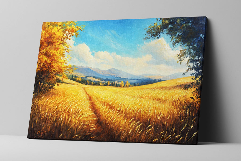 The image is a painting depicting a serene landscape with a vast golden wheat field stretching out towards distant mountains under a blue sky with white clouds.