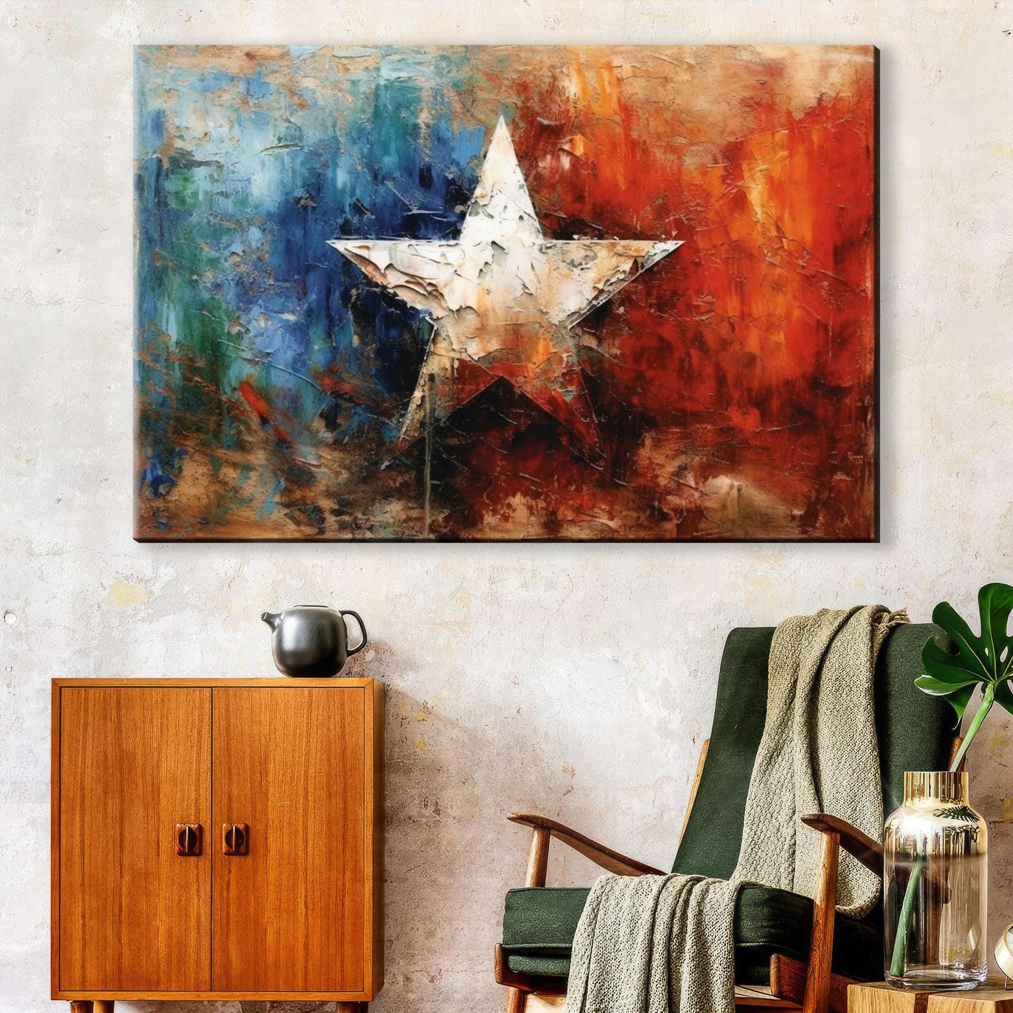 Texas Lone Star Wall Art – Large Canvas Art on Real Wood Frame with Acid Free Ink Print