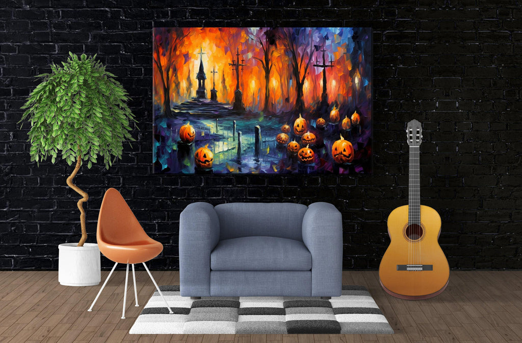 Halloween Graveyard Canvas | Spooky Wall Art - Large Gallery Wrapped Artist Print