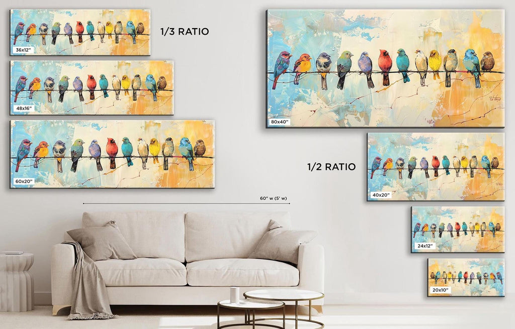 a group of birds sitting on a line on a canvas