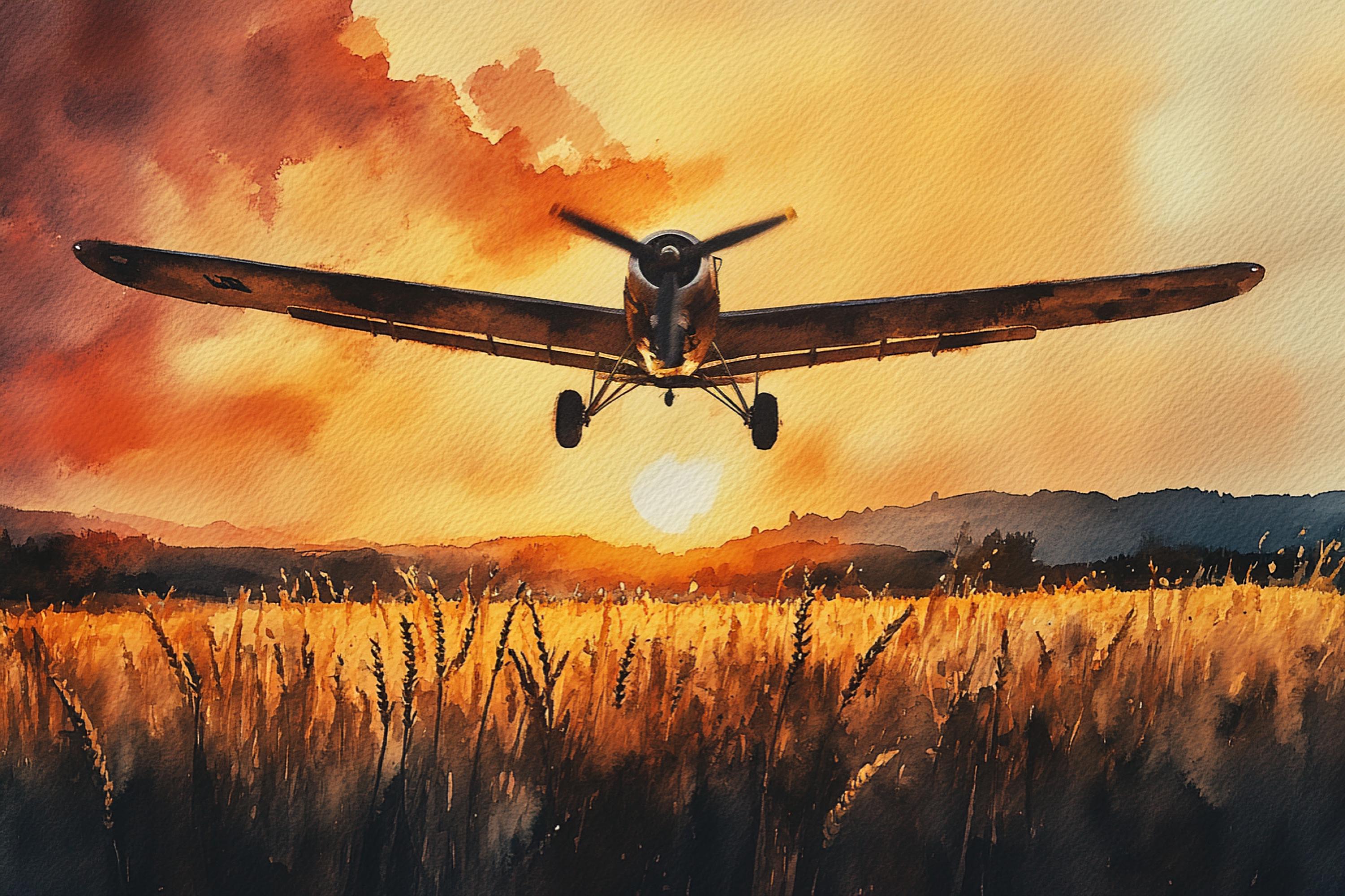 A vintage propeller plane is flying low over a golden wheat field, with a dramatic orange and yellow sunset sky in the background.