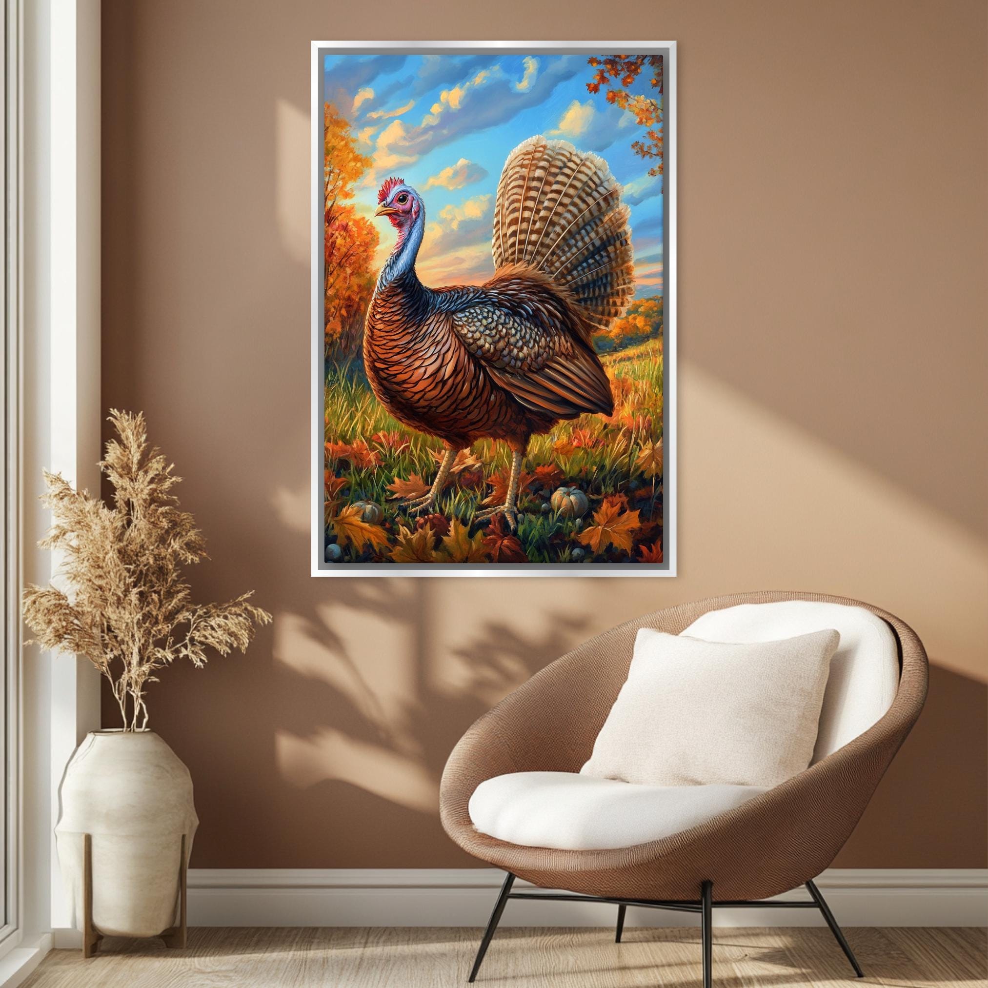 a large painting of a turkey in a field, hanging on a wall in a room with a chair and a potted plant nearby.