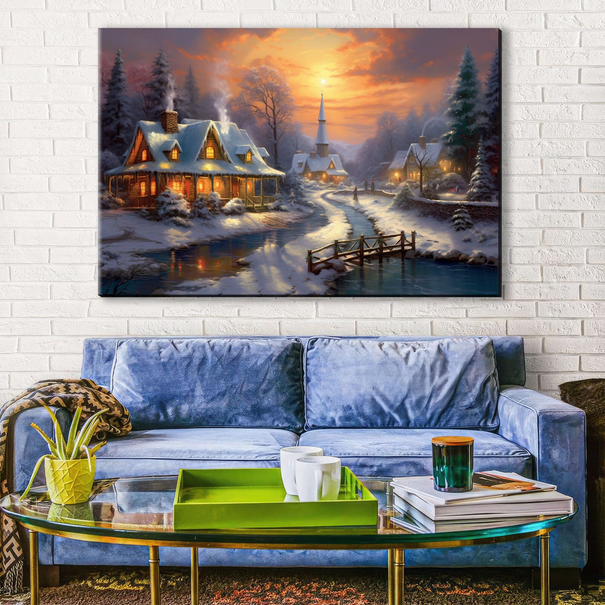 Christmas Canvas Art – Snowy Village Rustic Winter Landscape Print on Gallery Wrapped Canvas