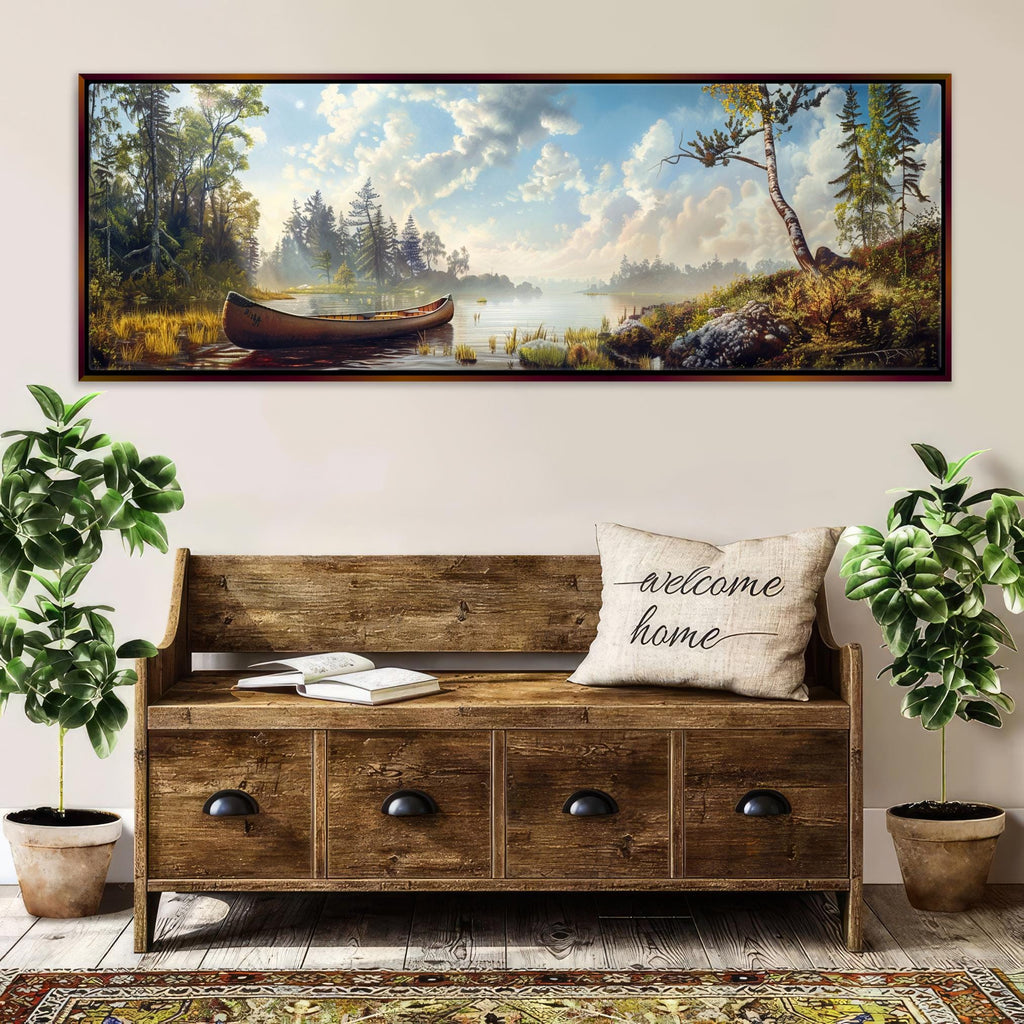 a painting on a wall of a boat on a lake