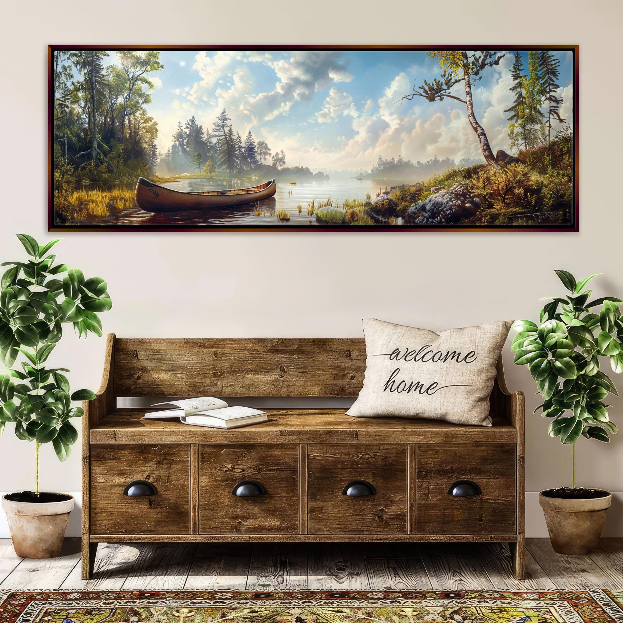a painting on a wall of a boat on a lake