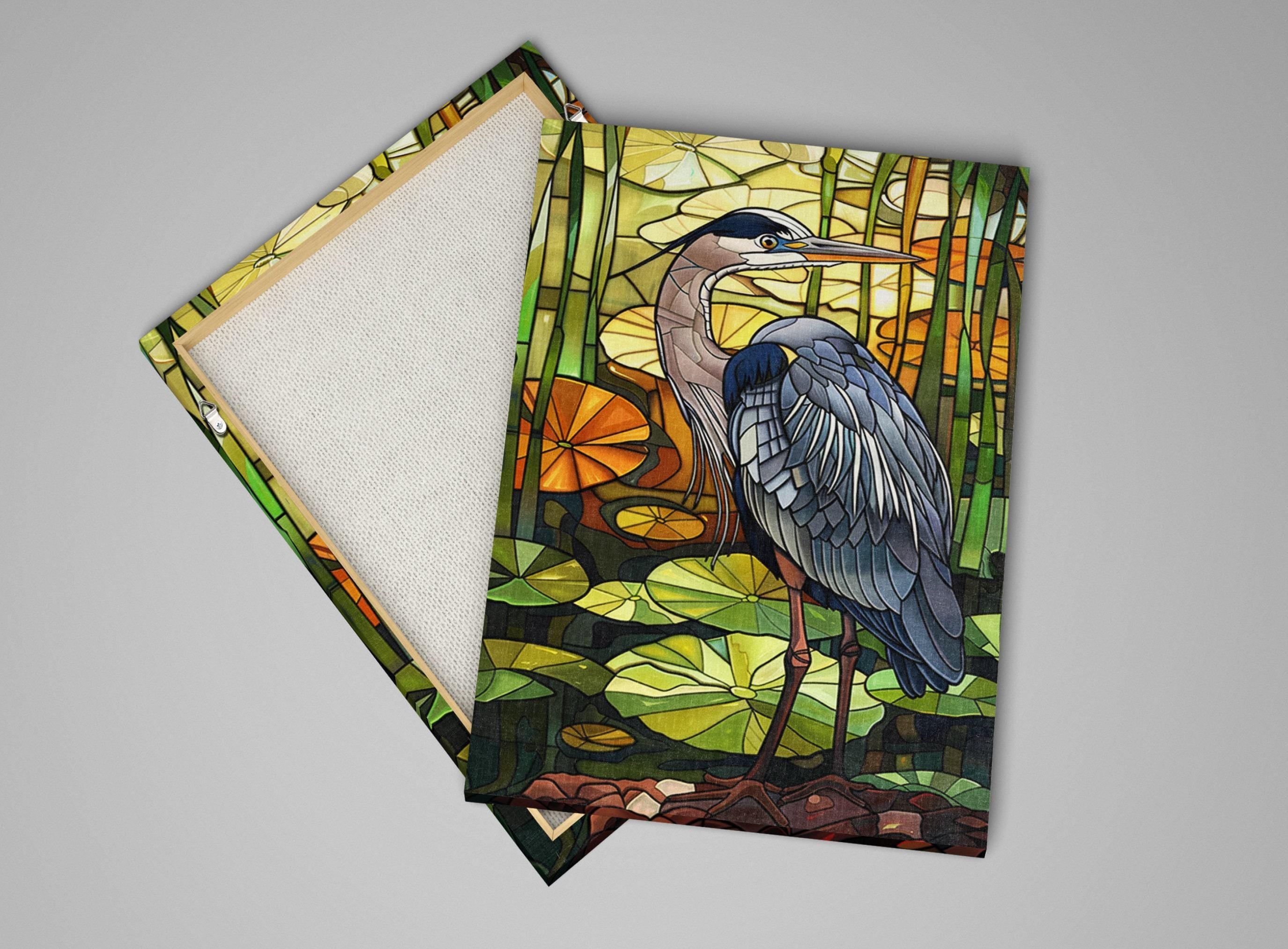 Blue Heron Canvas Art - Large Gallery Wrapped Stained Glass Style Print, Ready to Hang